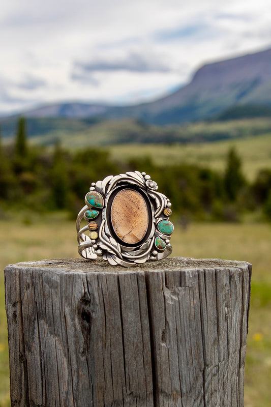 Montana Agate and Kingman Turquoise sterling silver cuff with Golden Rutilated Quartz and handcrafted silver leaves