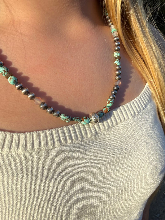 Natural Mine 8 turquoise and faceted Montana Agate beads with sterling silver pearls in handmade Western necklace