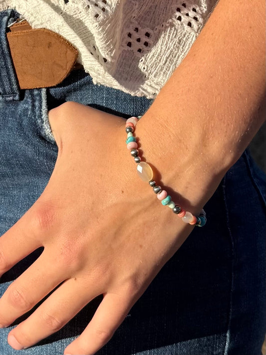 Montana Agate, Kingman Turquoise & Pink Conch Sterling Silver Bracelet | Montana Collection