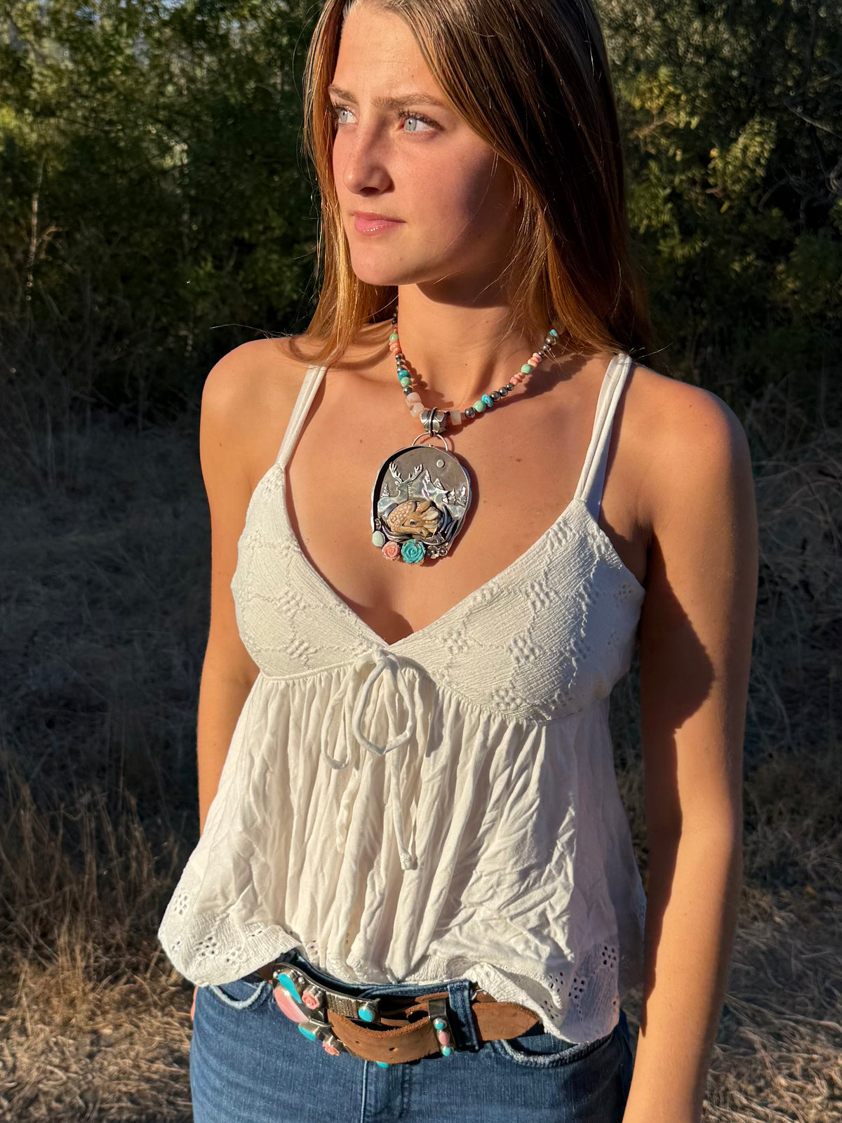 “The Story Time Pendant” Spotted Fawn Pendant | Kingman Turquoise, Palomino & Pink Conch | Montana Collection