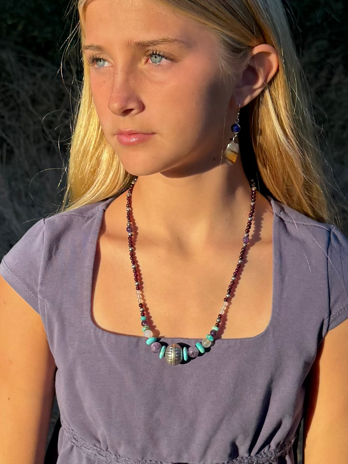 Montana Agate, Garnet, Amethyst & Kingman Turquoise Beaded Necklace | Montana Collection
