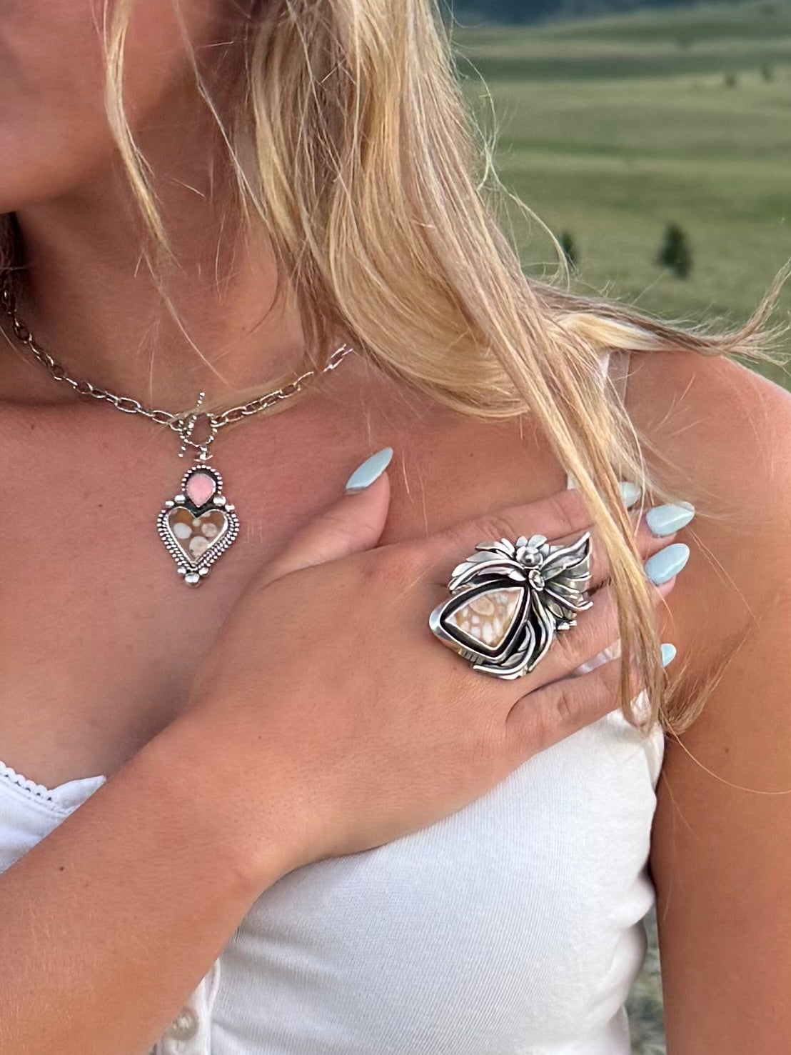 Spotted Fawn Jasper & Pink Conch Heart Sterling Silver Necklace | Montana Collection