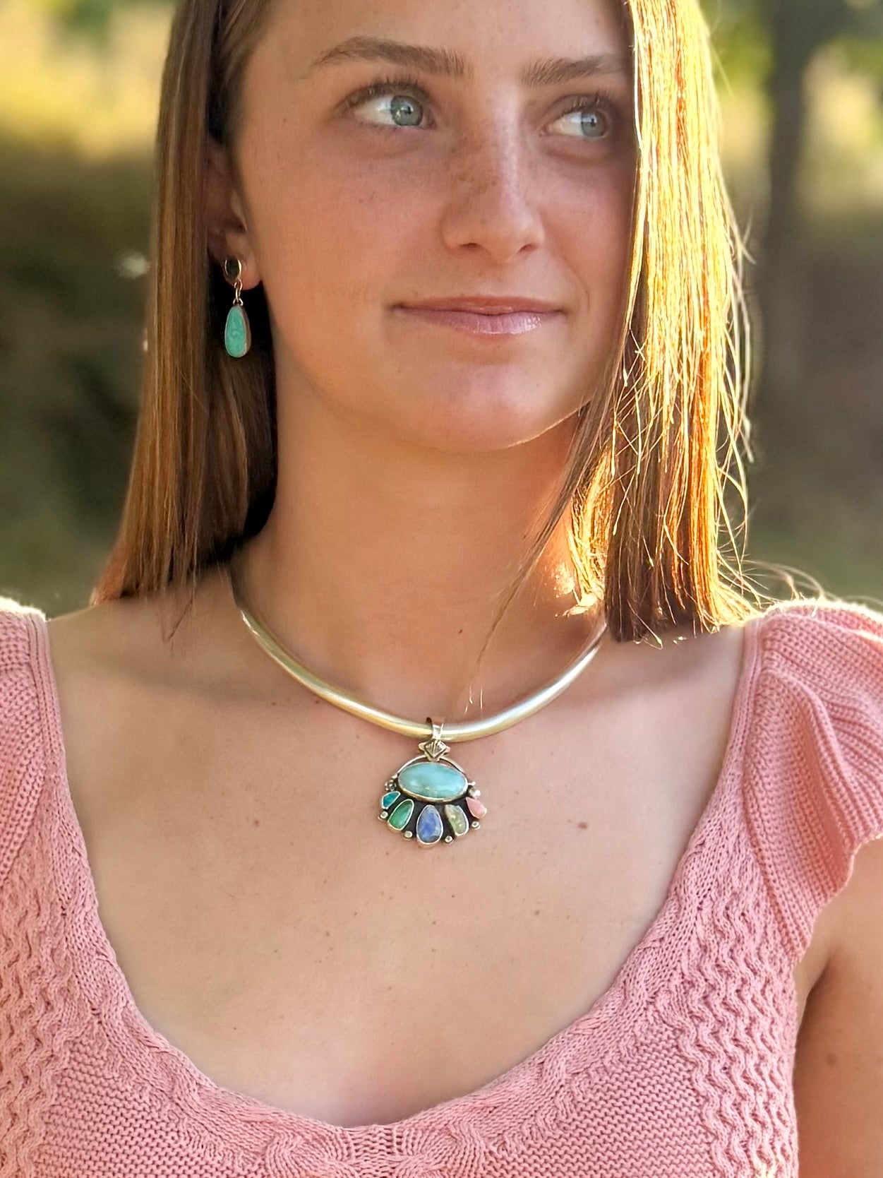 Larimar and opal necklace being worn, coastal boho ocean-inspired jewelry