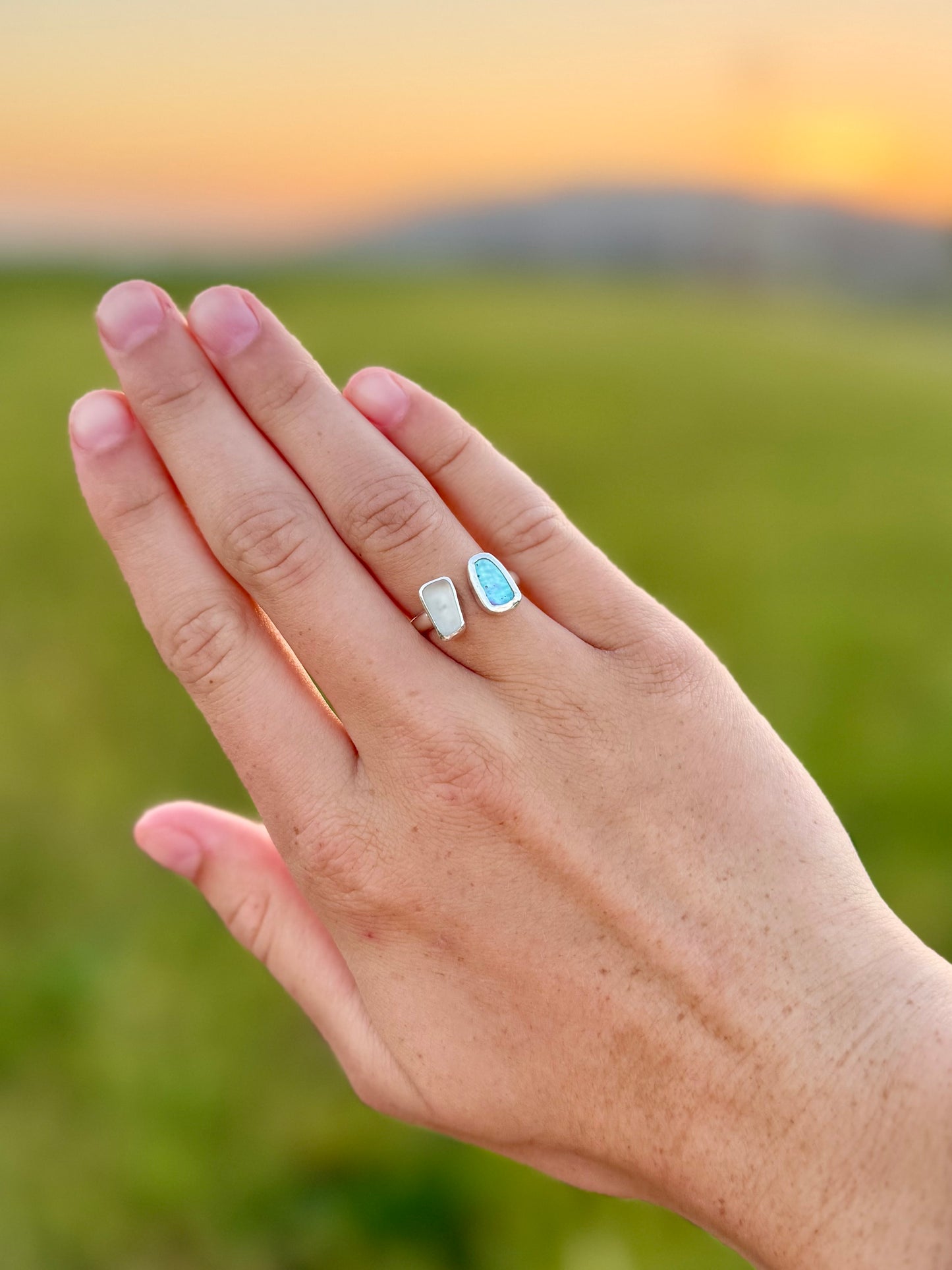 Abalone and sea glass ring in sterling silver with iridescent shell and frosted glass