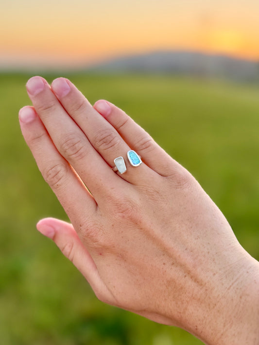 Abalone and sea glass ring in sterling silver with iridescent shell and frosted glass