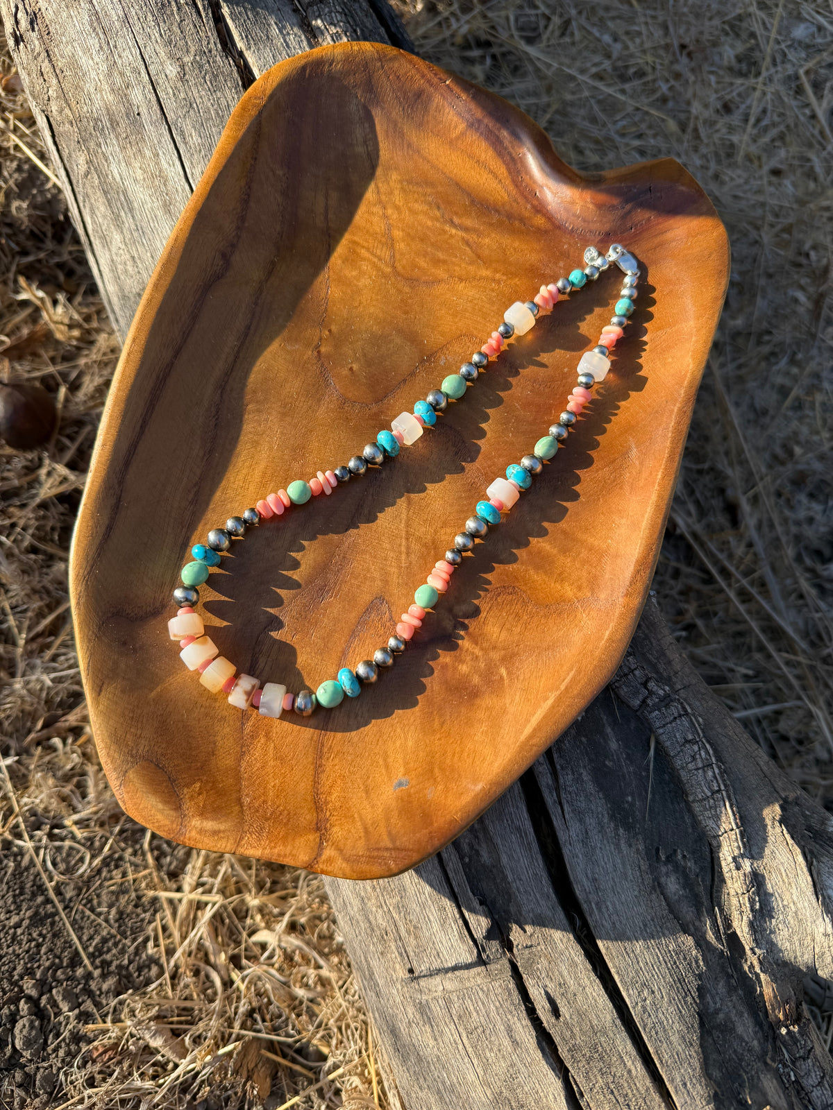 Montana Agate Kingman turquoise Variscite Pink Conch and sterling silver pearl beaded necklace by Donnalee Silver