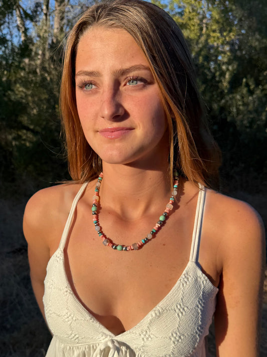 Montana Agate, Kingman Turquoise, Variscite & Pink Conch Beaded Necklace | Montana Collection
