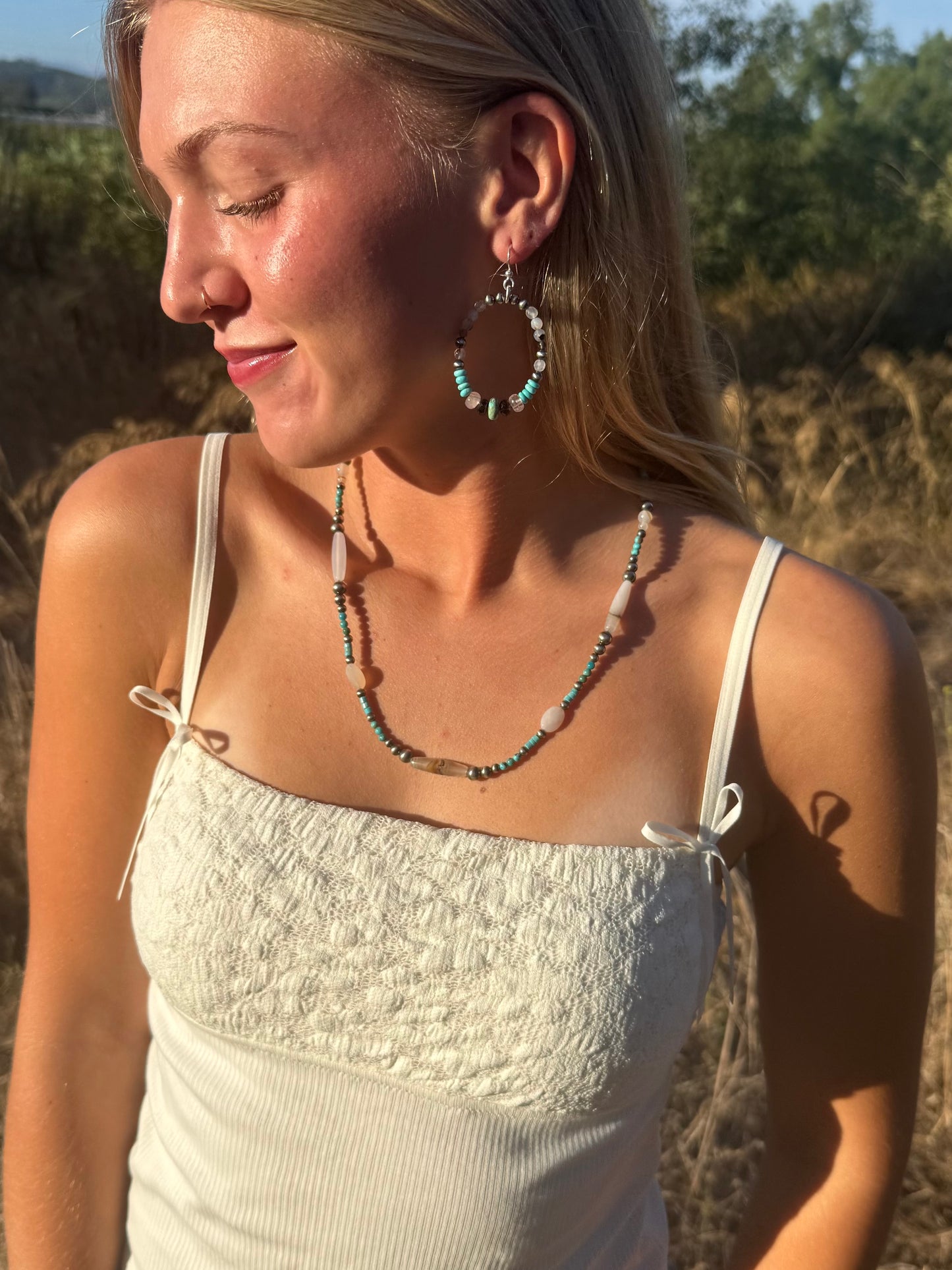 Montana agate Kingman turquoise and sterling silver pearl beaded necklace handmade by Donnalee Shewmake