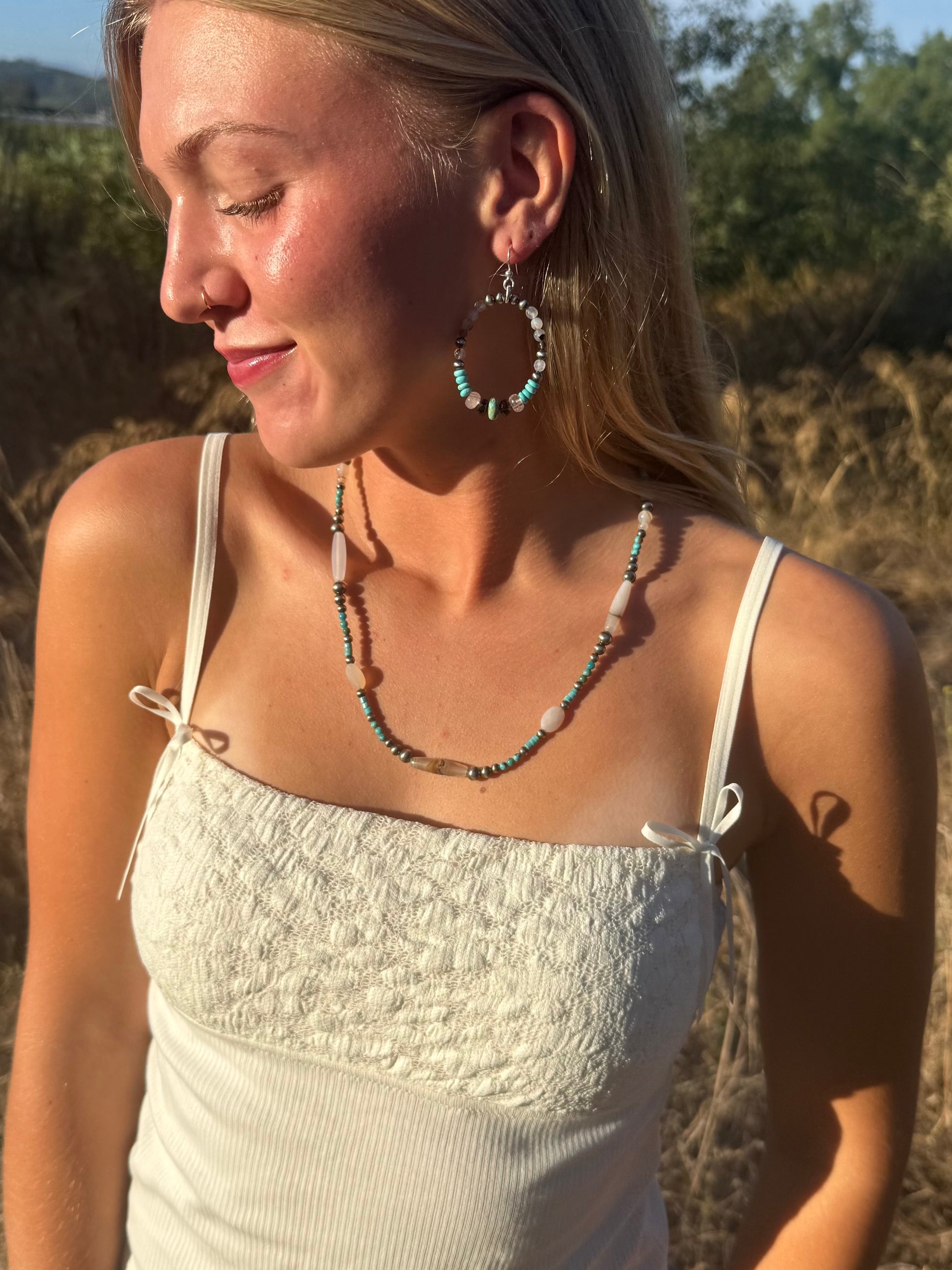 Montana agate Kingman turquoise and sterling silver pearl beaded necklace handmade by Donnalee Shewmake