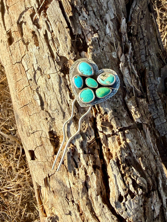 Handmade mixed turquoise heart sterling silver hair pin with six turquoise stones and Ear Mountain stamped border by Donnalee Silver