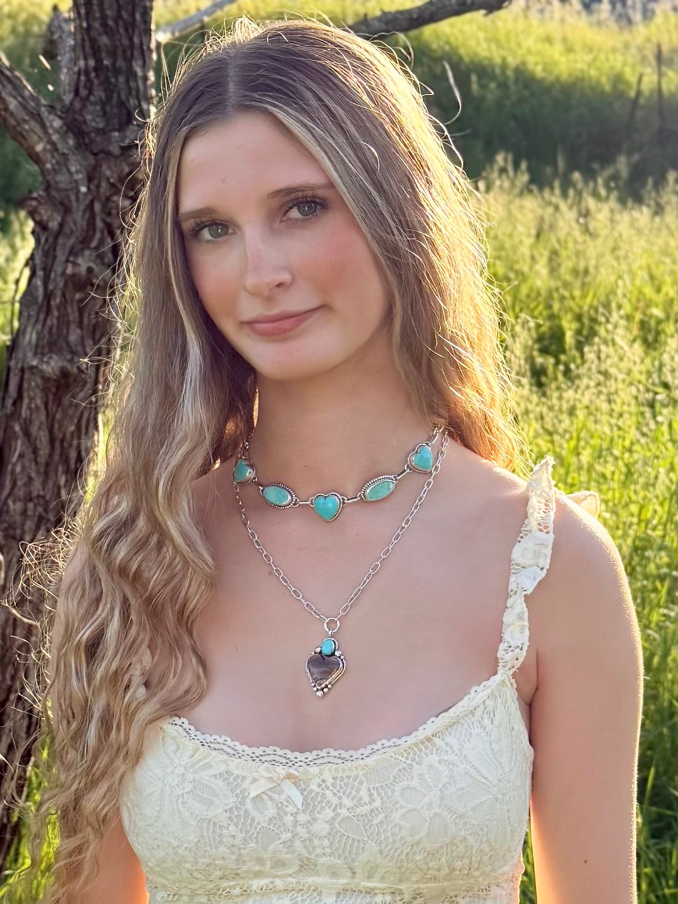 Laguna agate and turquoise heart necklace worn, boho western statement jewelry
