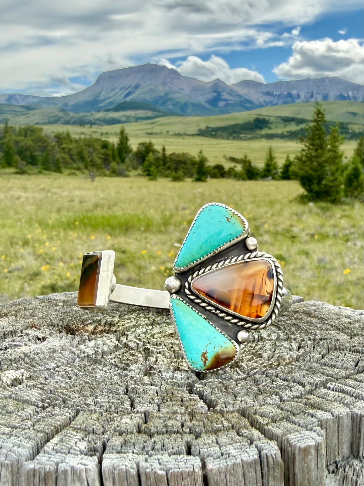 Montana Agate & Royston Turquoise Pinch Petal Sterling Silver Cuff | Montana Collection