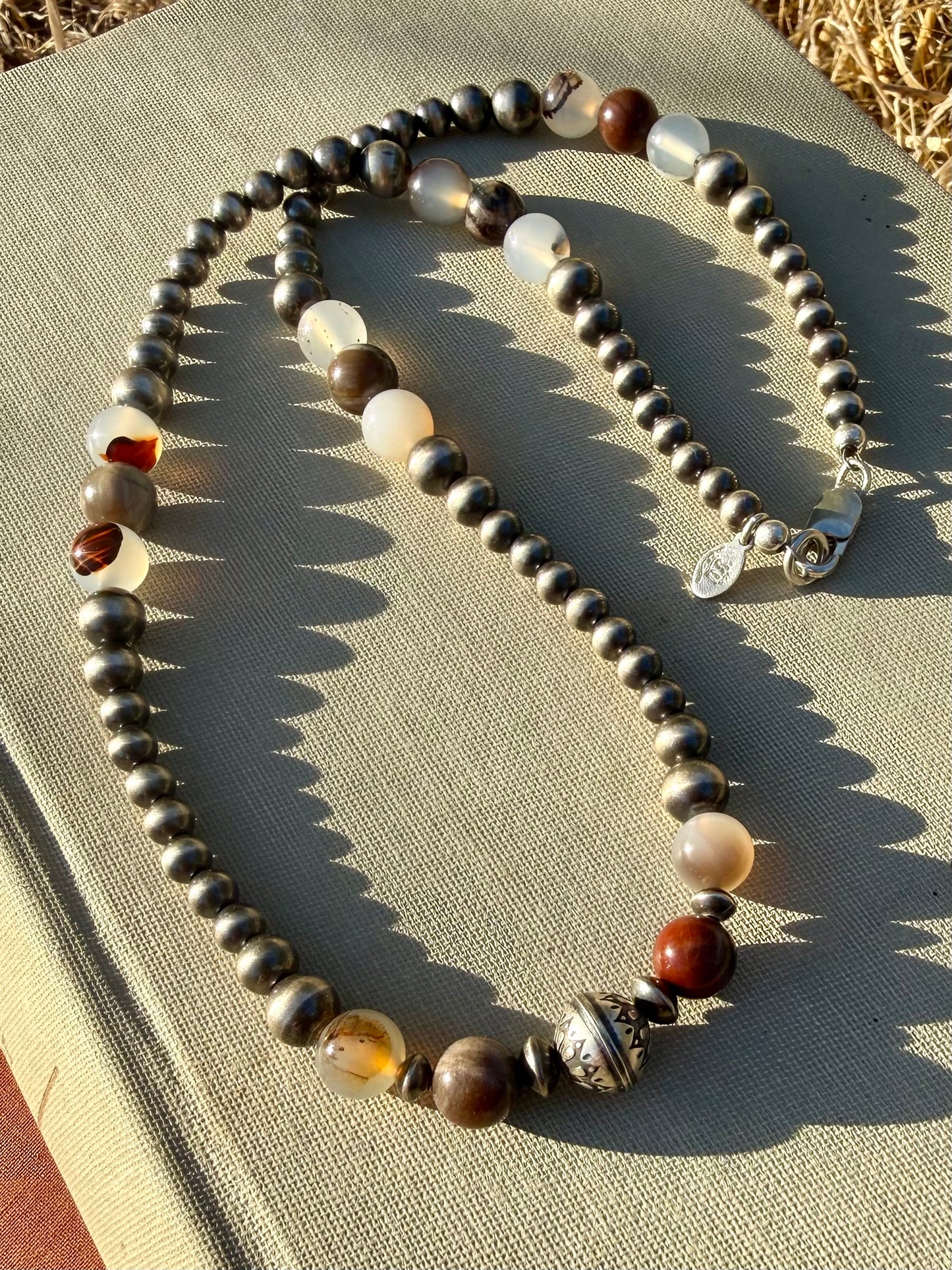 Handmade Montana agate and petrified wood necklace with sterling silver pearls from the Donnalee Silver Montana Collection