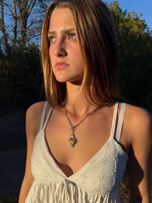 Spotted Fawn Jasper & Pink Conch Heart Sterling Silver Necklace | Montana Collection