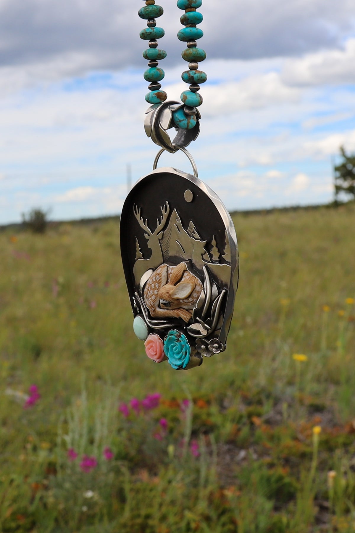 “The Story Time Pendant” Spotted Fawn Pendant | Kingman Turquoise, Palomino & Pink Conch | Montana Collection