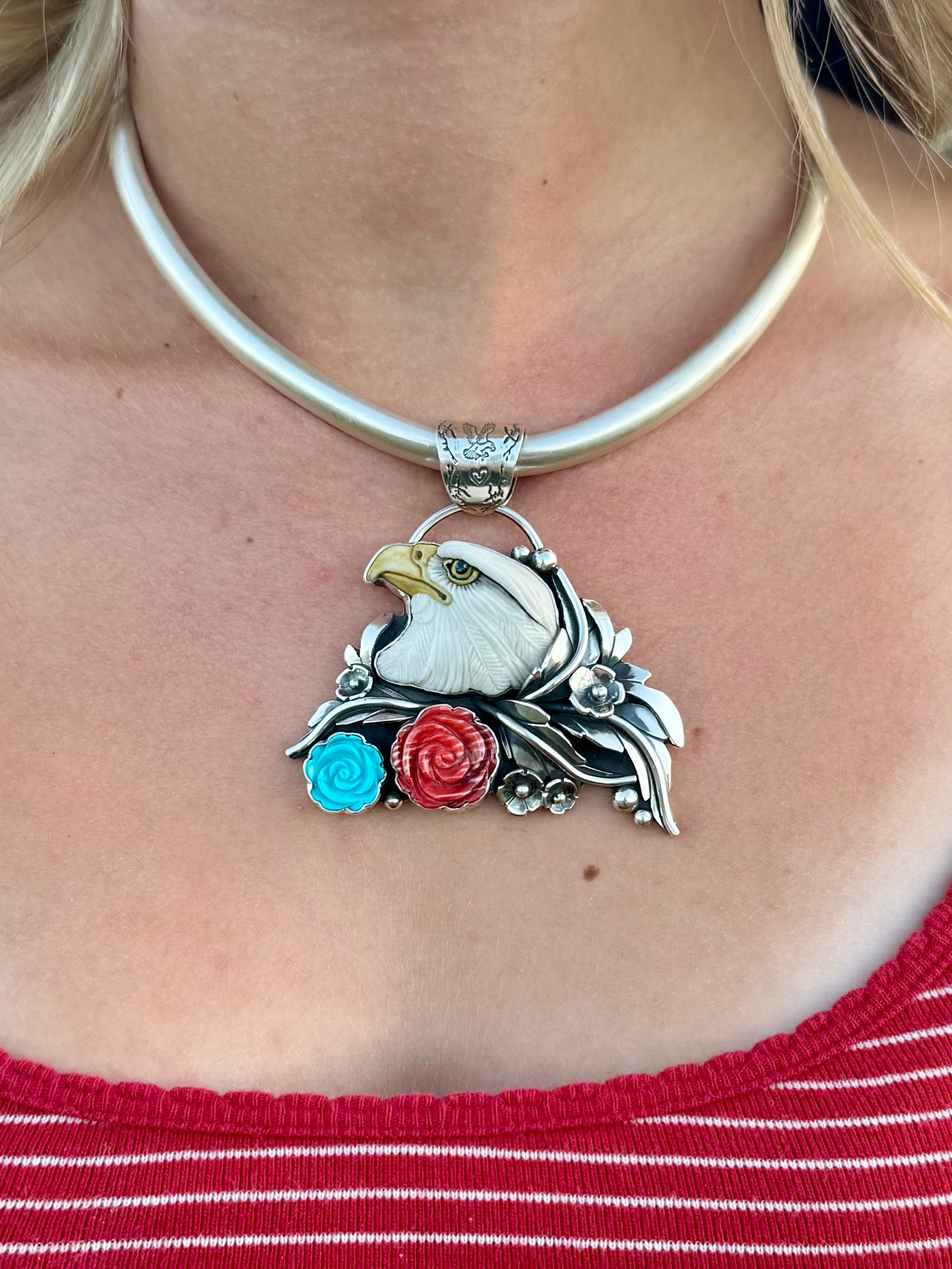 American Eagle Pendant | Laura Mears Porcelain Eagle, Kingman Turquoise & Red Spiny Oyster | Montana Collection