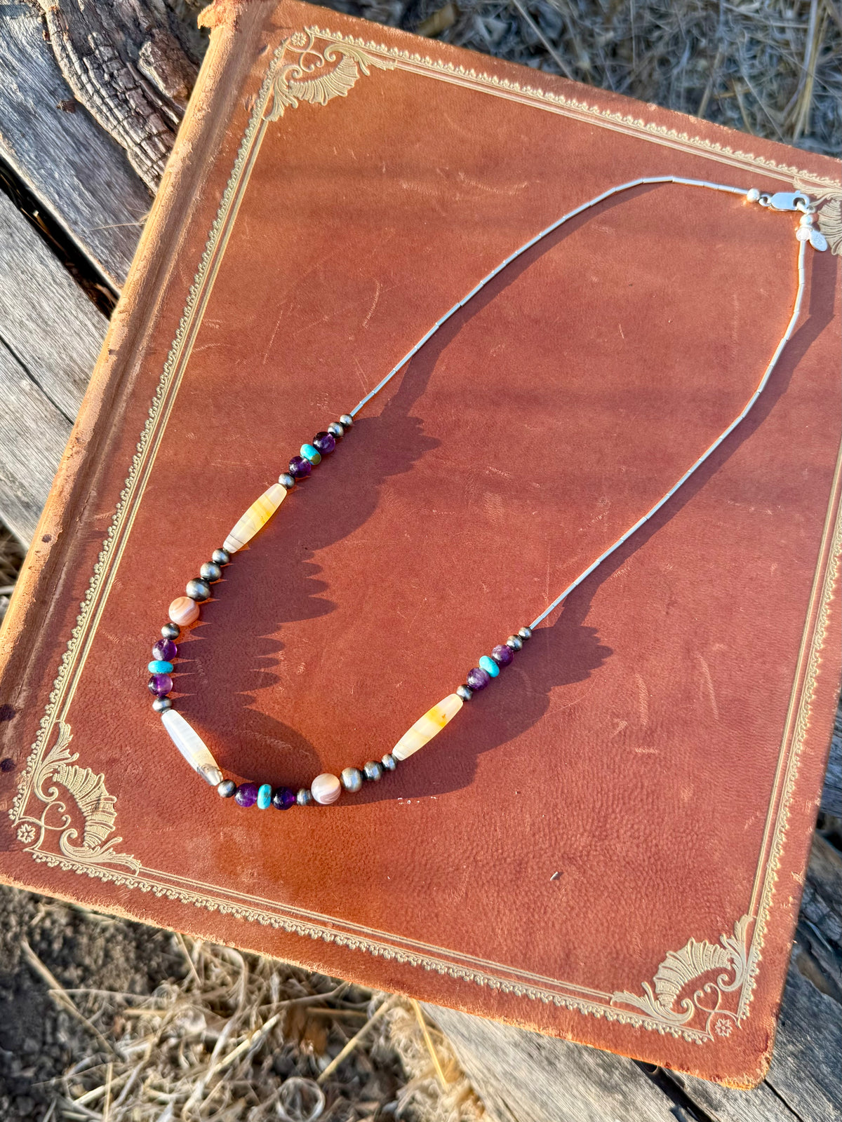 Montana Agate Amethyst Kingman turquoise and sterling silver liquid silver necklace handmade by Donnalee Silver