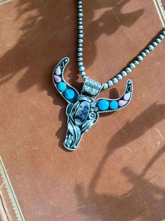 Montana Agate Kingman Pink Conch boho style Longhorn Pendant