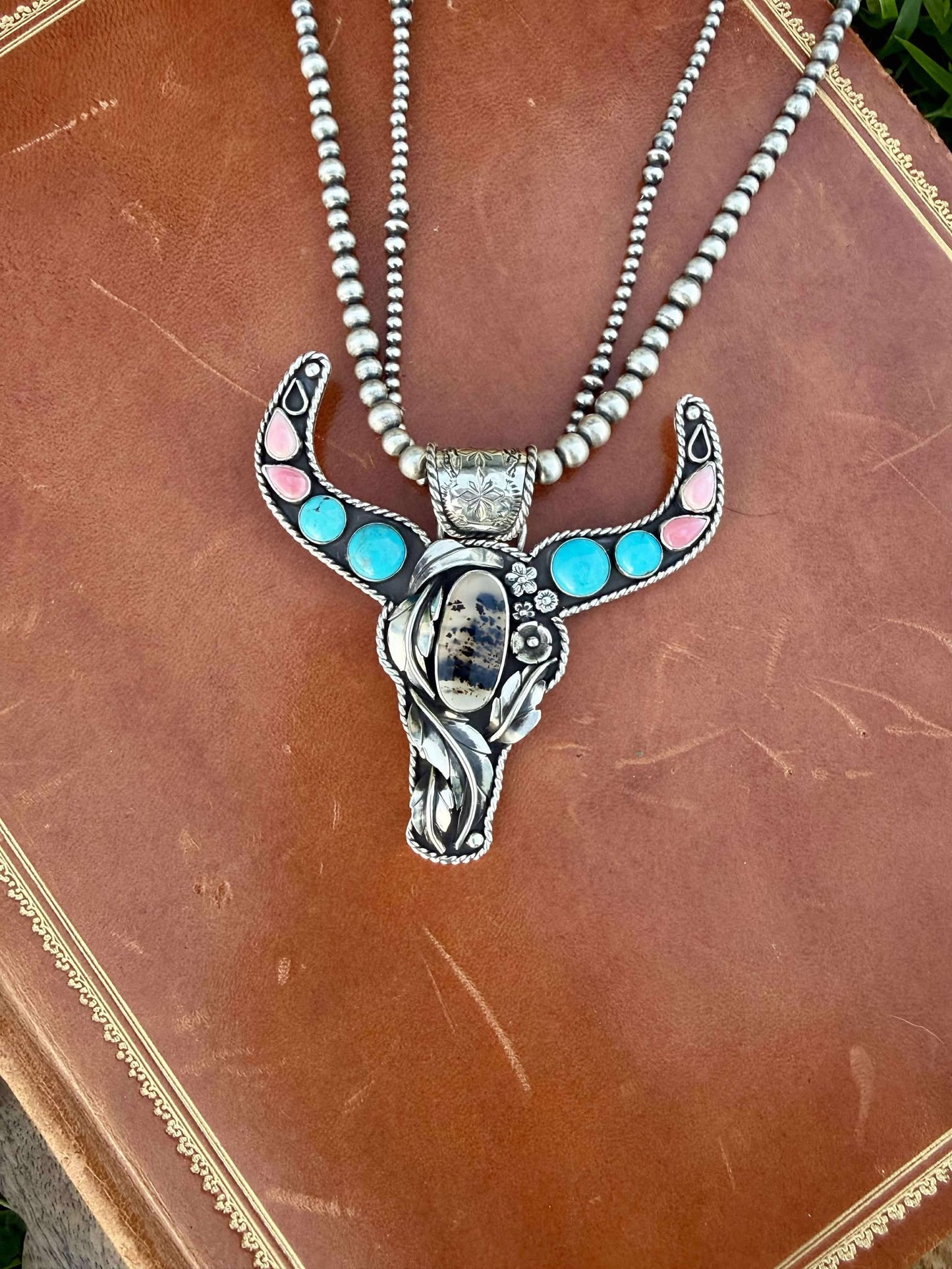 Montana Agate Kingman Pink Conch boho style Longhorn Pendant
