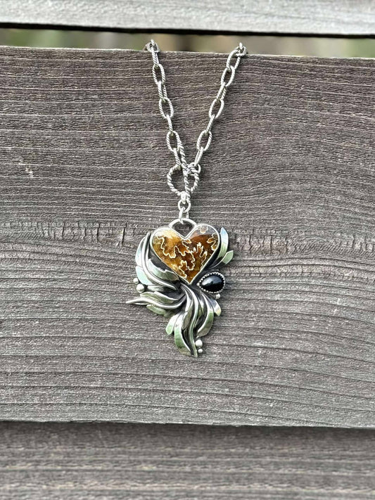 Ammonite Suture & Black Onyx boho Toggle necklace