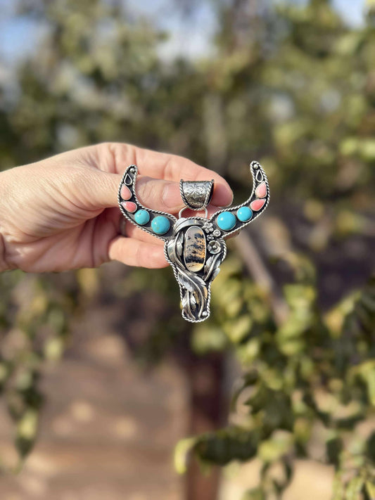 Montana Agate Kingman Pink Conch boho style Longhorn Pendant