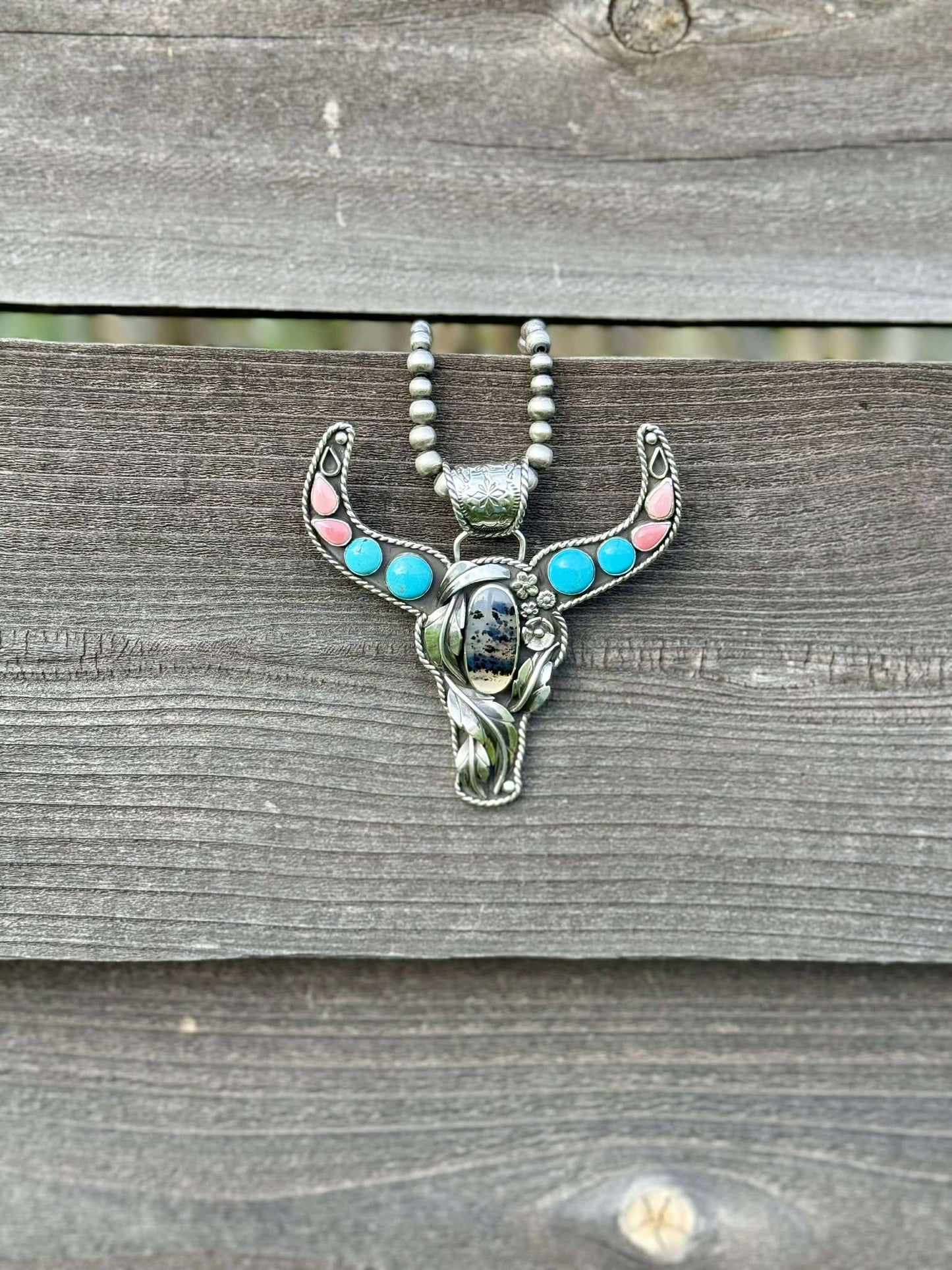 Montana Agate Kingman Pink Conch boho style Longhorn Pendant