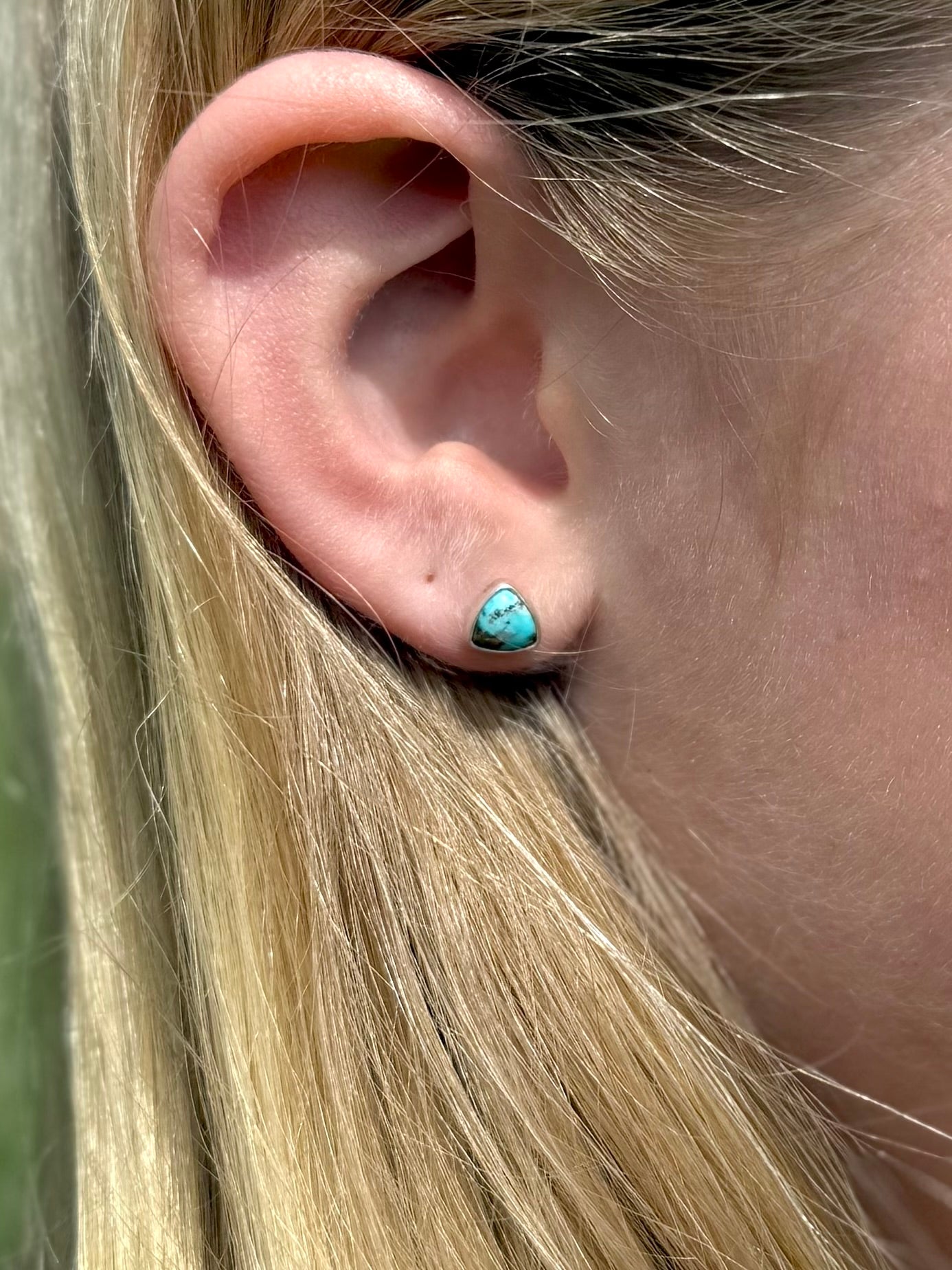 Persian turquoise with pyrite stud earrings in sterling silver with blue stone and gold flecks