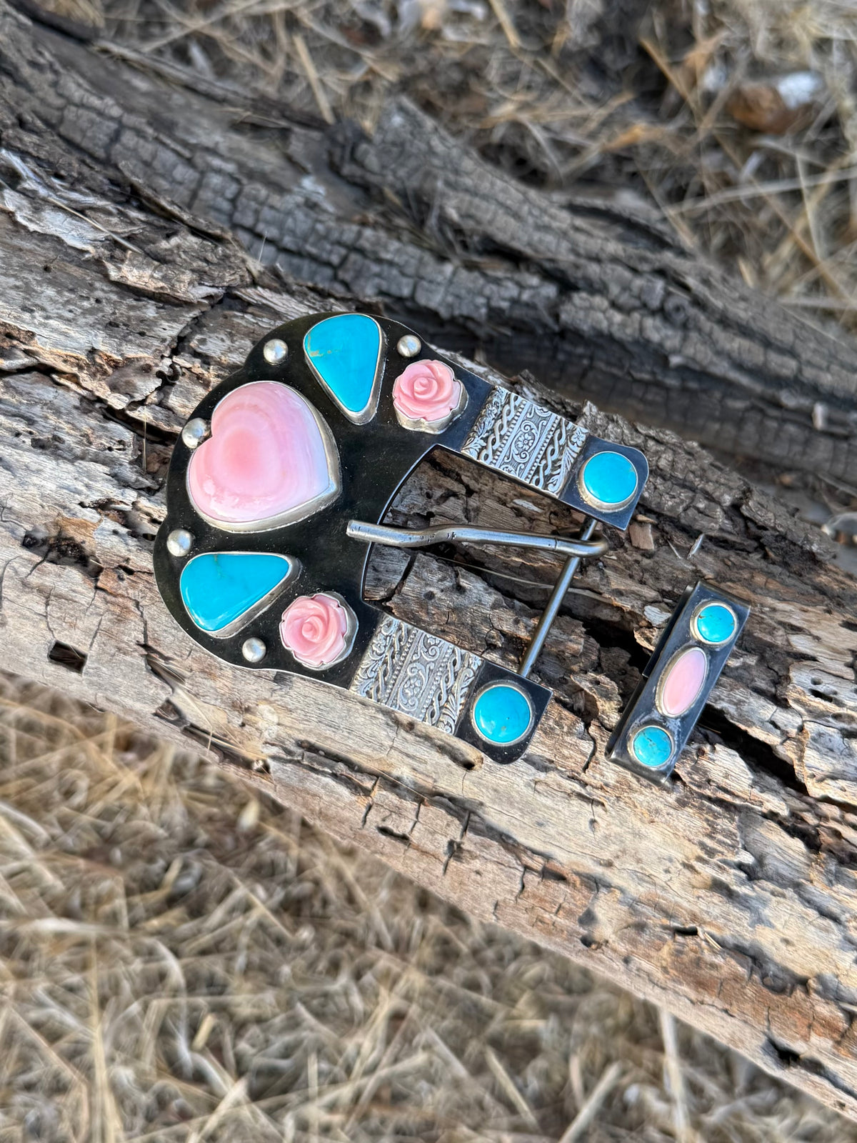 Matching turquoise and Pink Conch sterling silver belt keeper for handmade western belt buckle