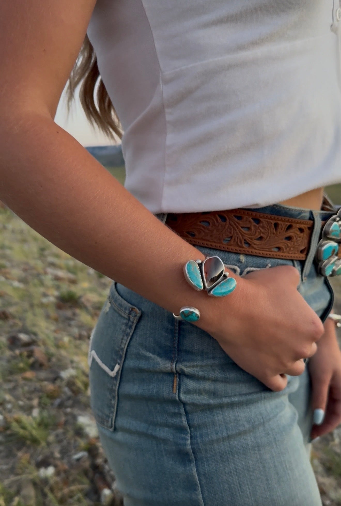 Montana Agate & Royston Turquoise Pinch Petal Cuff Bracelet | Montana Collection