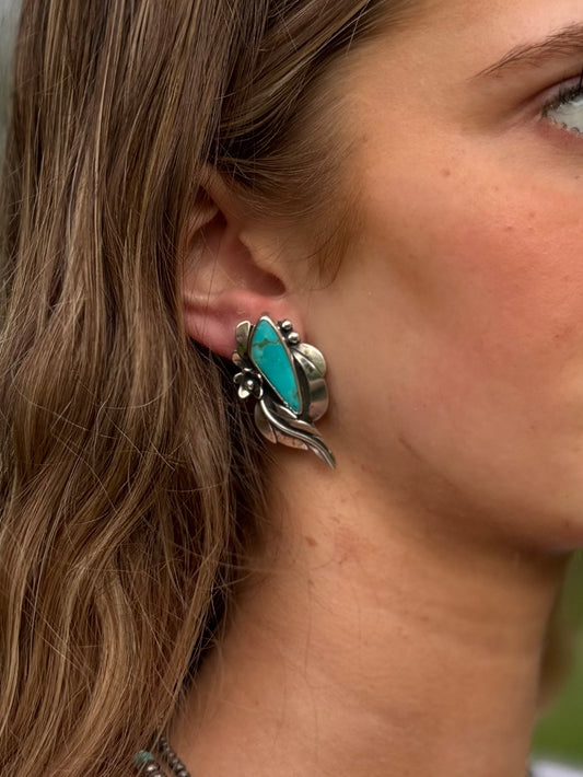Royston turquoise boho post earrings in sterling silver with natural blue and green tones