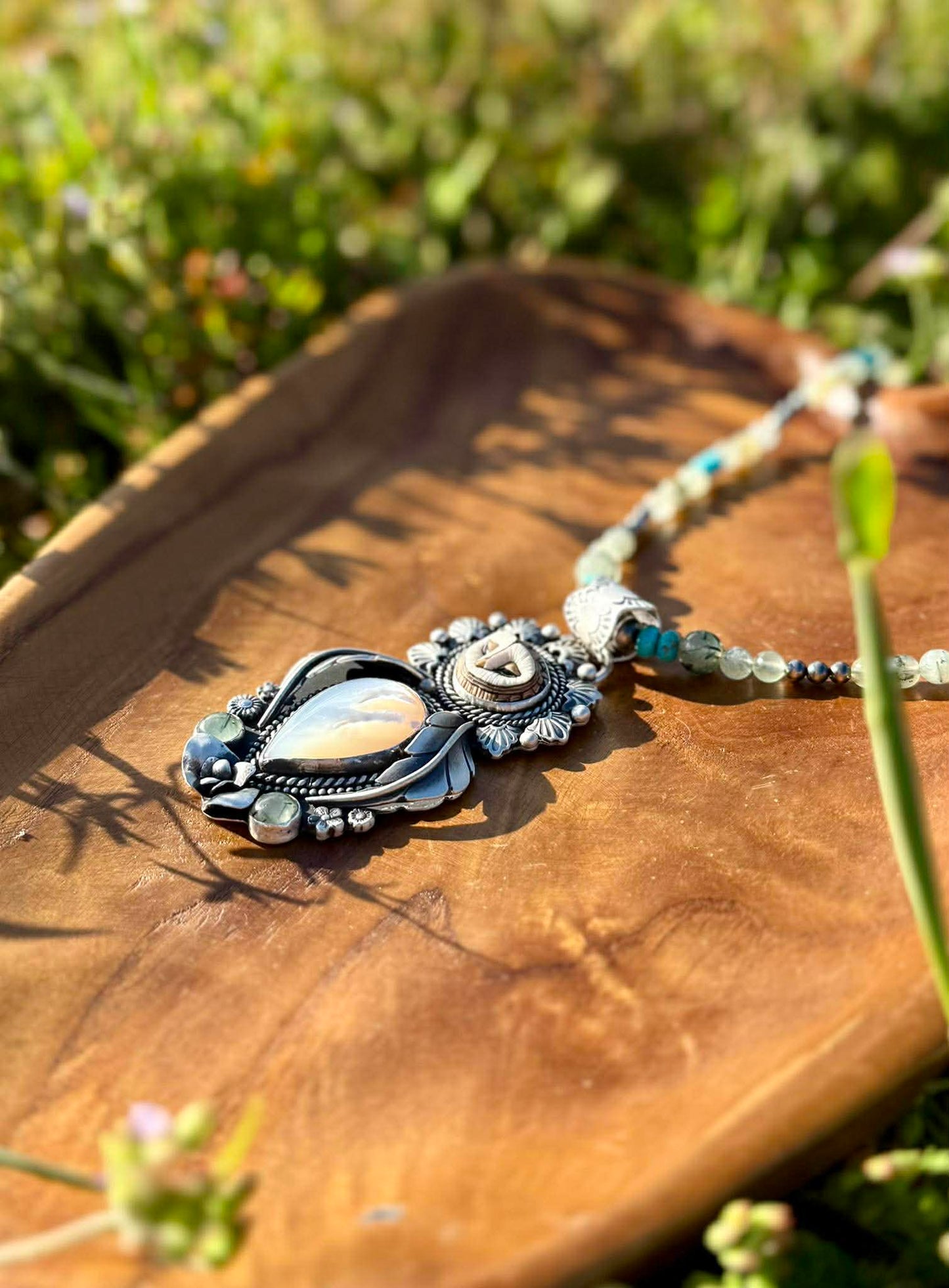 Porcelain Owl Pendant with Mother of Pearl & Prehnite – Sterling Silver