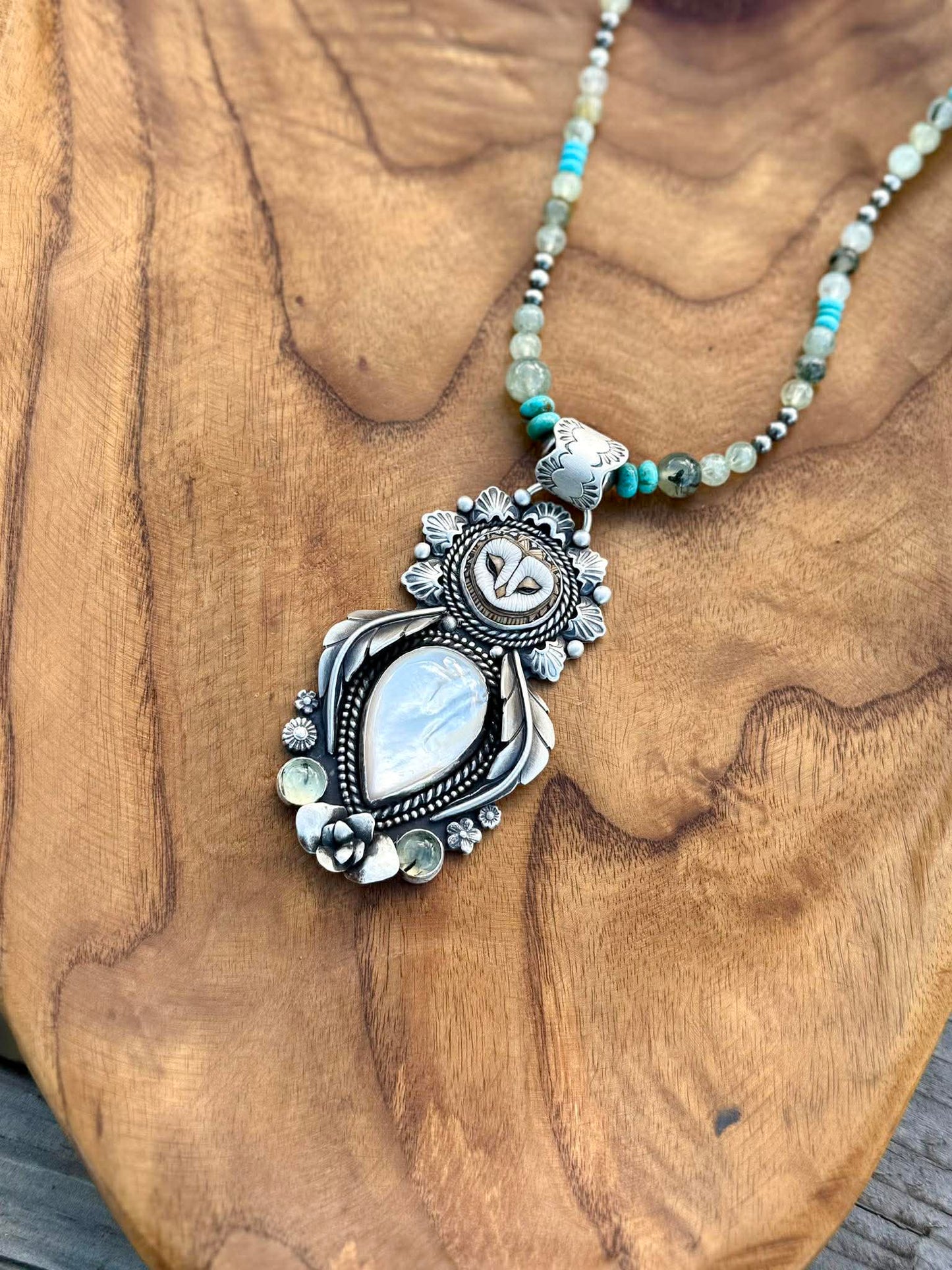 Porcelain Owl Pendant with Mother of Pearl & Prehnite – Sterling Silver