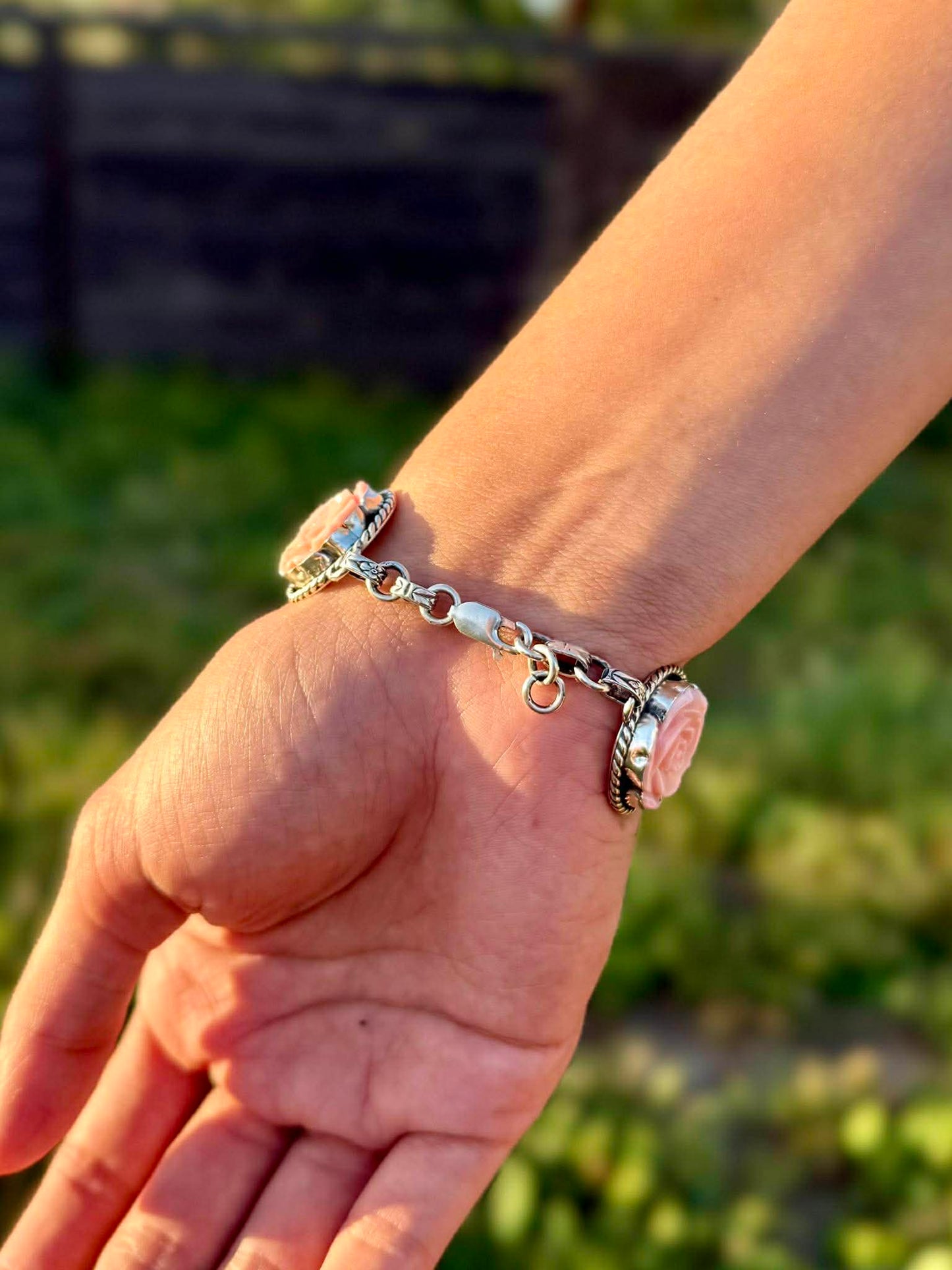 Porcelain Cactus Bracelet with Pink Conch Roses & Kingman Turquoise – Sterling Silver