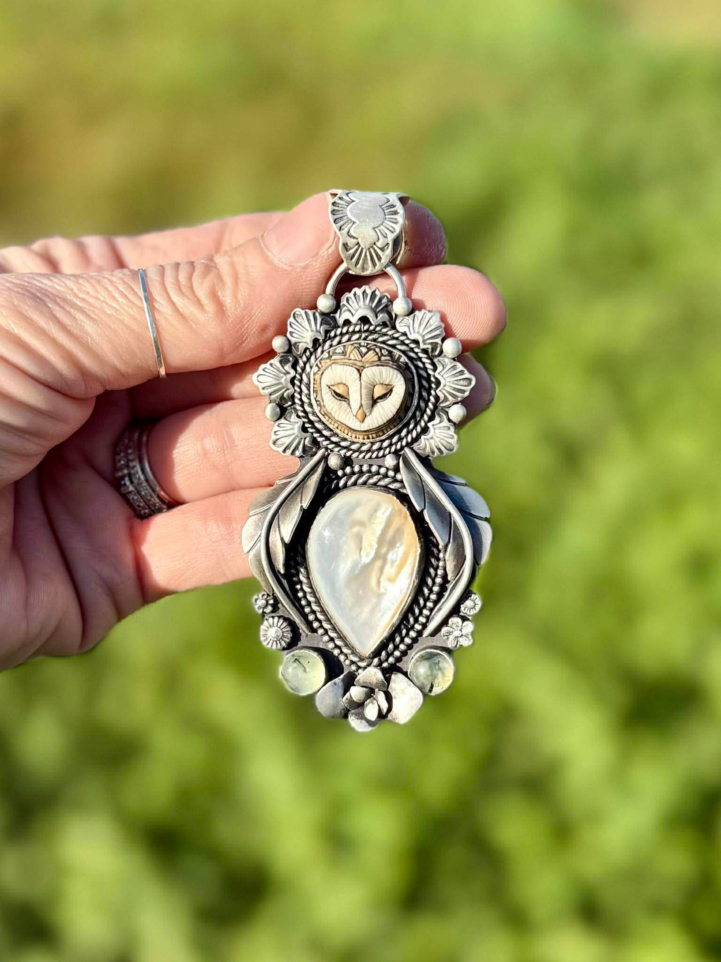 Porcelain Owl Pendant with Mother of Pearl & Prehnite – Sterling Silver