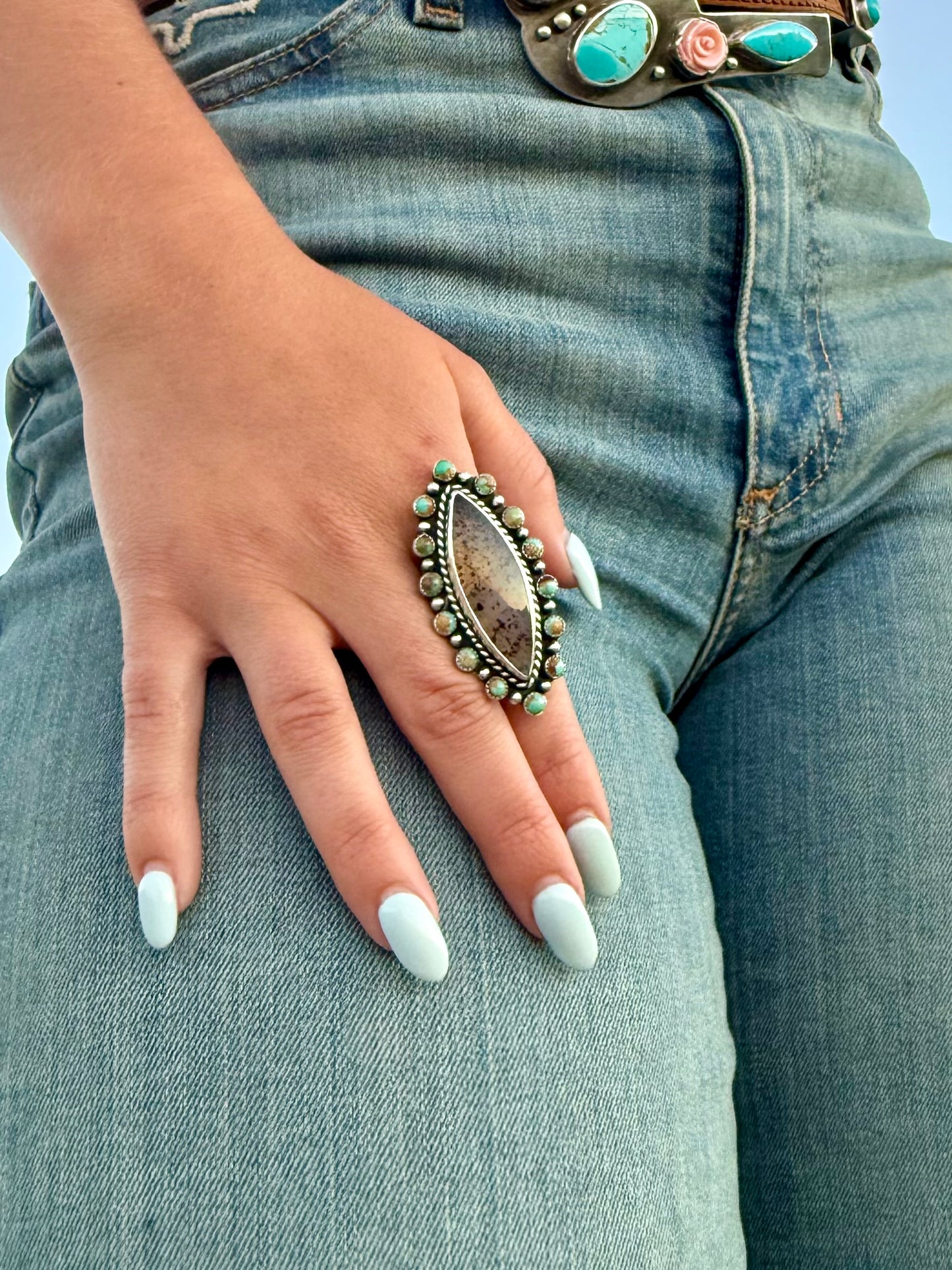 Montana Agate and Kingman Turquoise sterling silver statement ring handmade by Donnalee Silver.