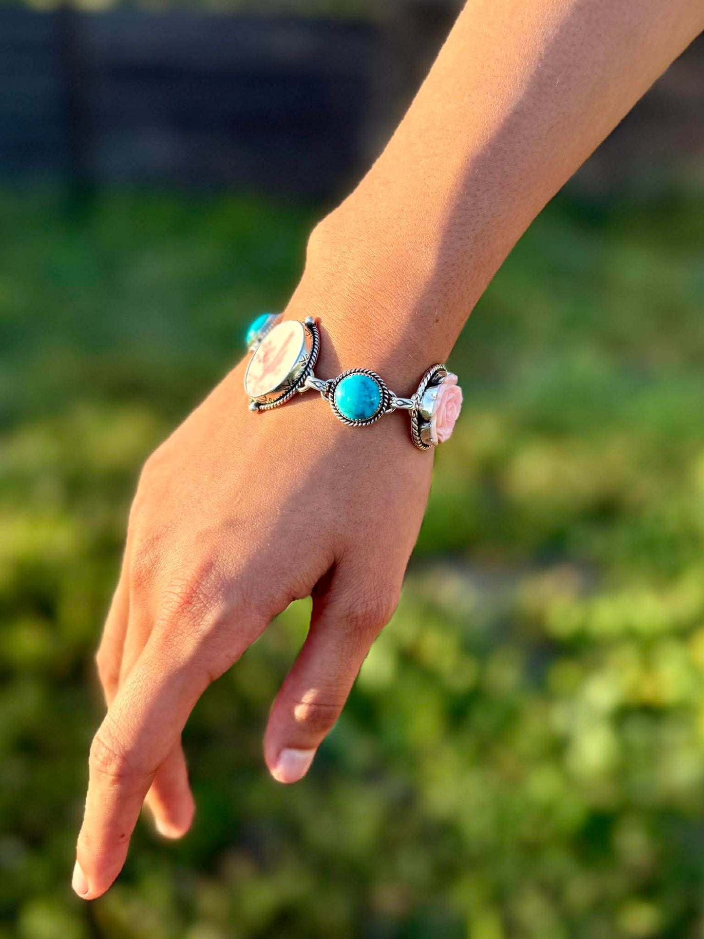 Porcelain Cactus Bracelet with Pink Conch Roses & Kingman Turquoise – Sterling Silver