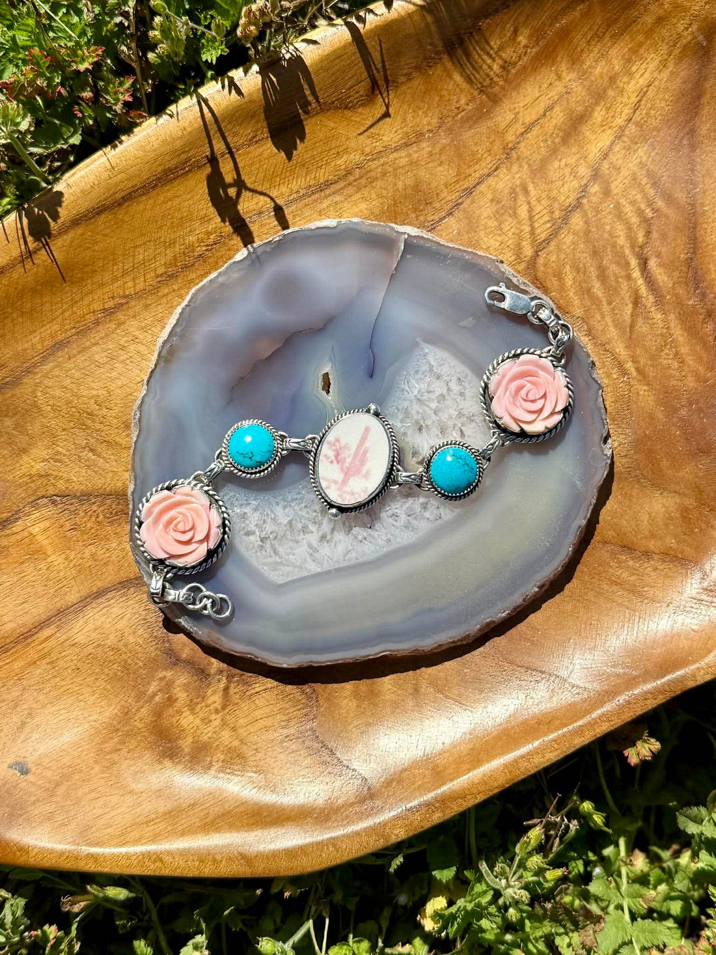 Porcelain Cactus Bracelet with Pink Conch Roses & Kingman Turquoise – Sterling Silver
