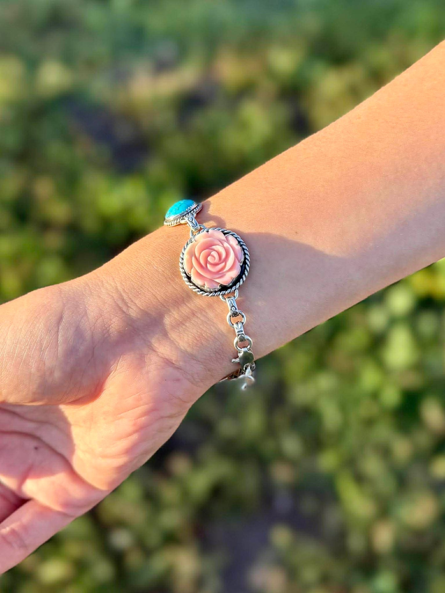 Porcelain Cactus Bracelet with Pink Conch Roses & Kingman Turquoise – Sterling Silver