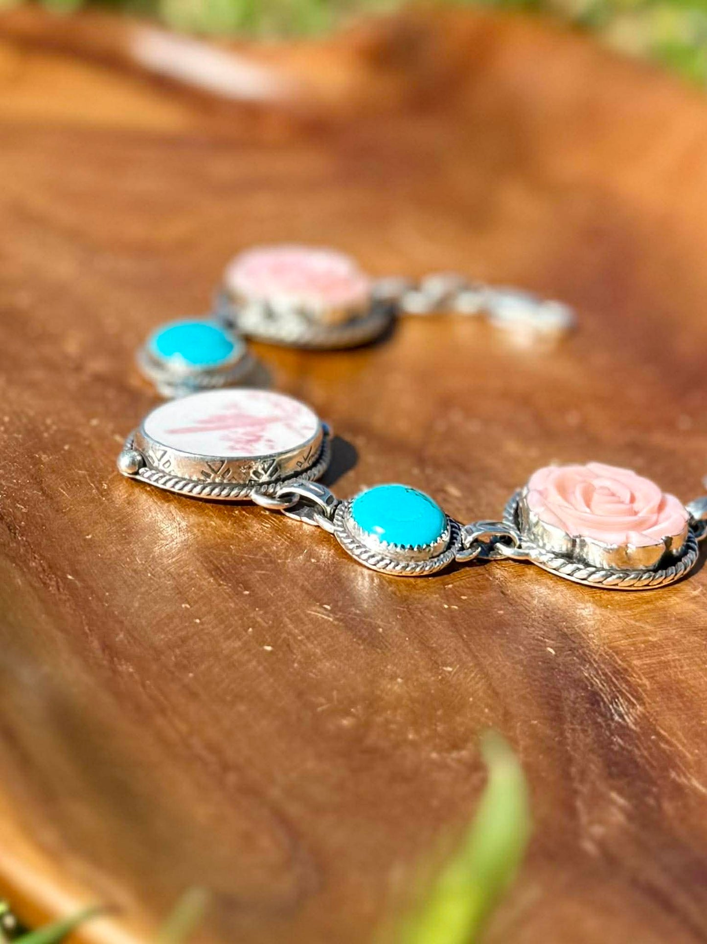 Porcelain Cactus Bracelet with Pink Conch Roses & Kingman Turquoise – Sterling Silver