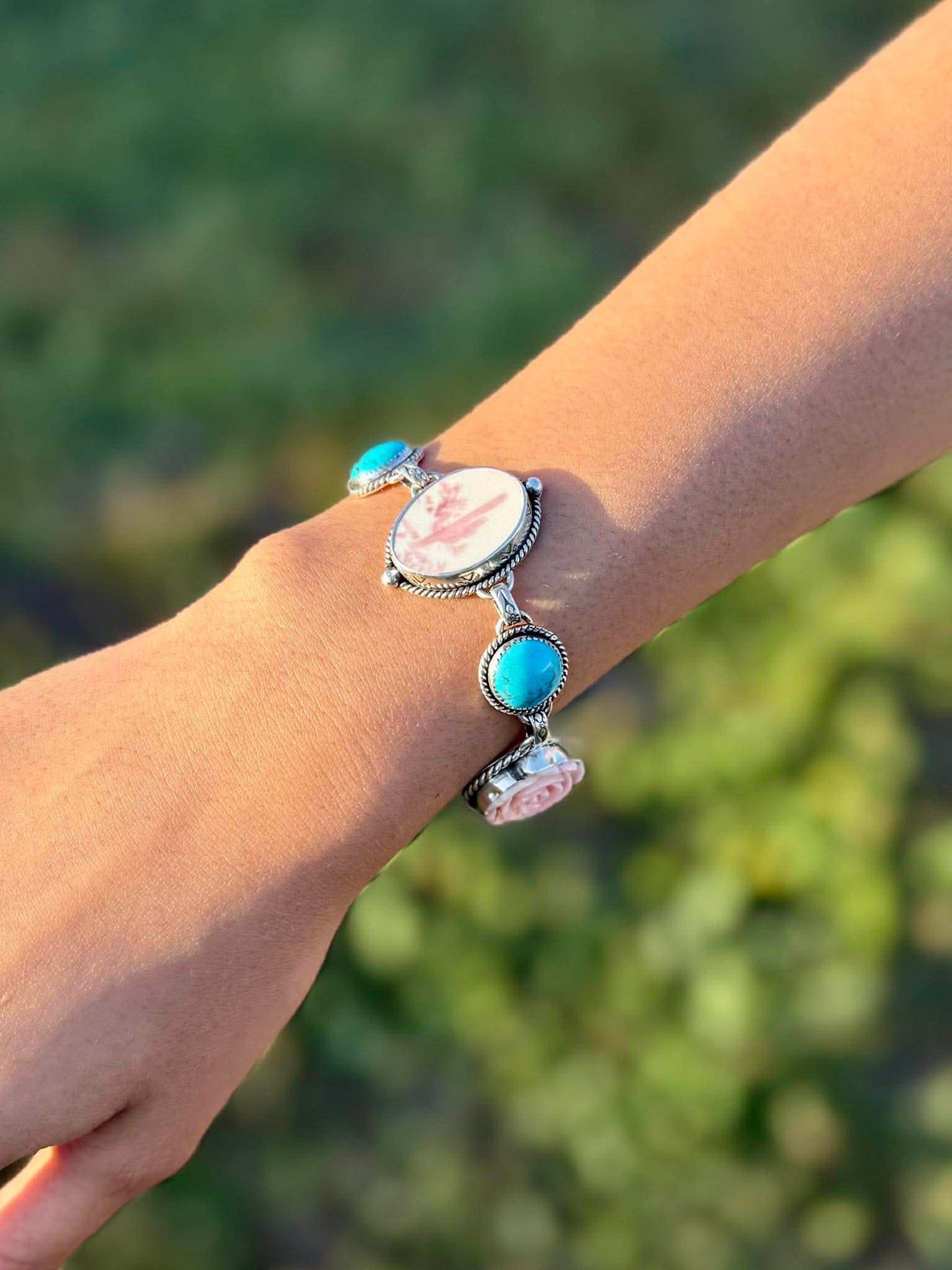 Porcelain Cactus Bracelet with Pink Conch Roses & Kingman Turquoise – Sterling Silver