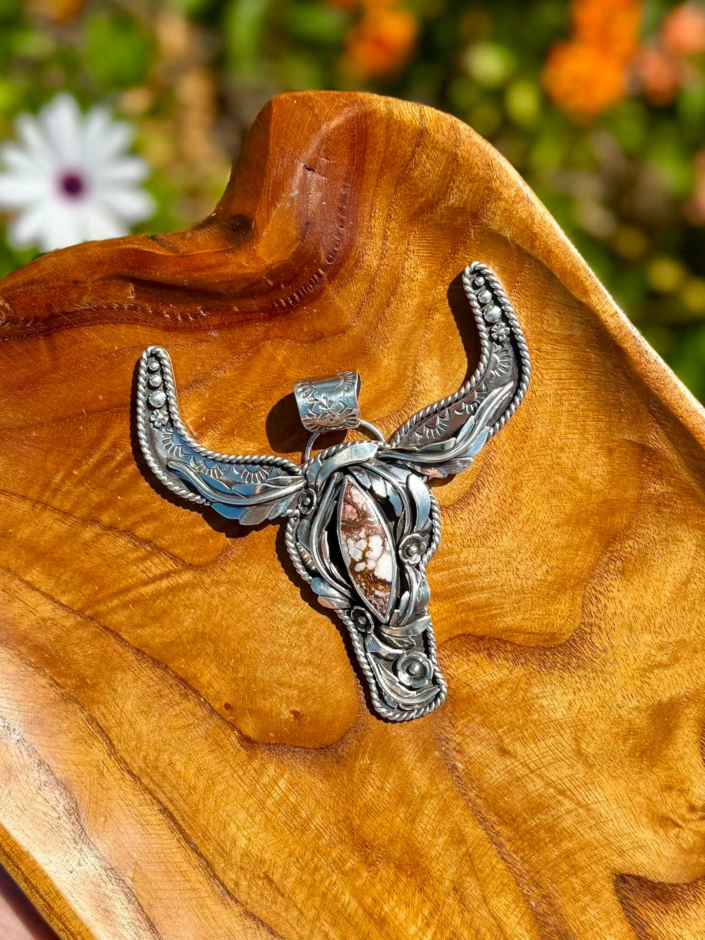 Handmade sterling silver longhorn pendant with marquis wildhorse stone western statement jewelry
