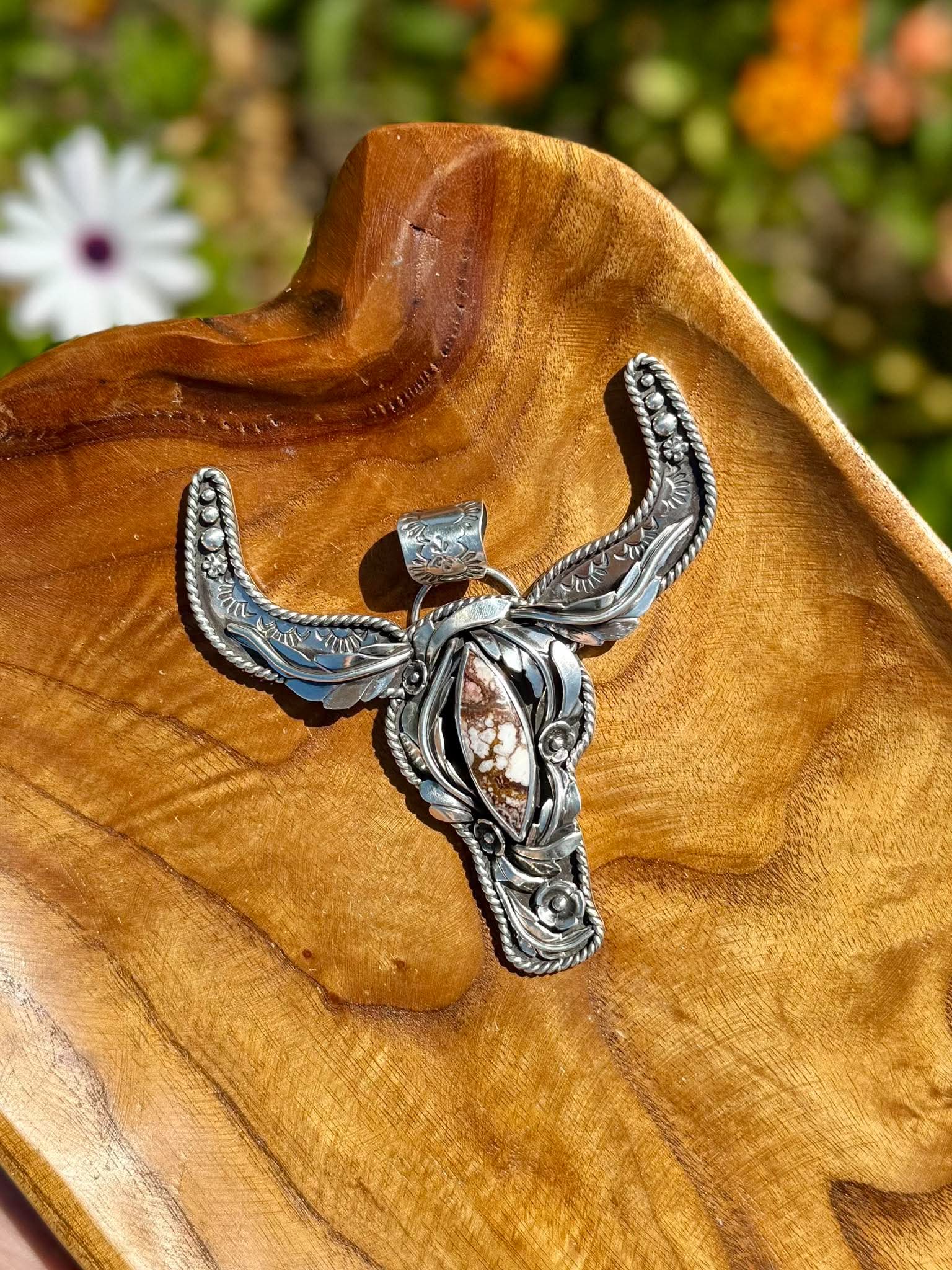 Handmade sterling silver longhorn pendant with marquis wildhorse stone western statement jewelry