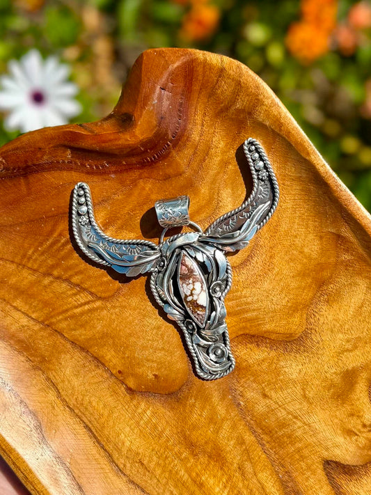 Handmade sterling silver longhorn pendant with marquis wildhorse stone western statement jewelry
