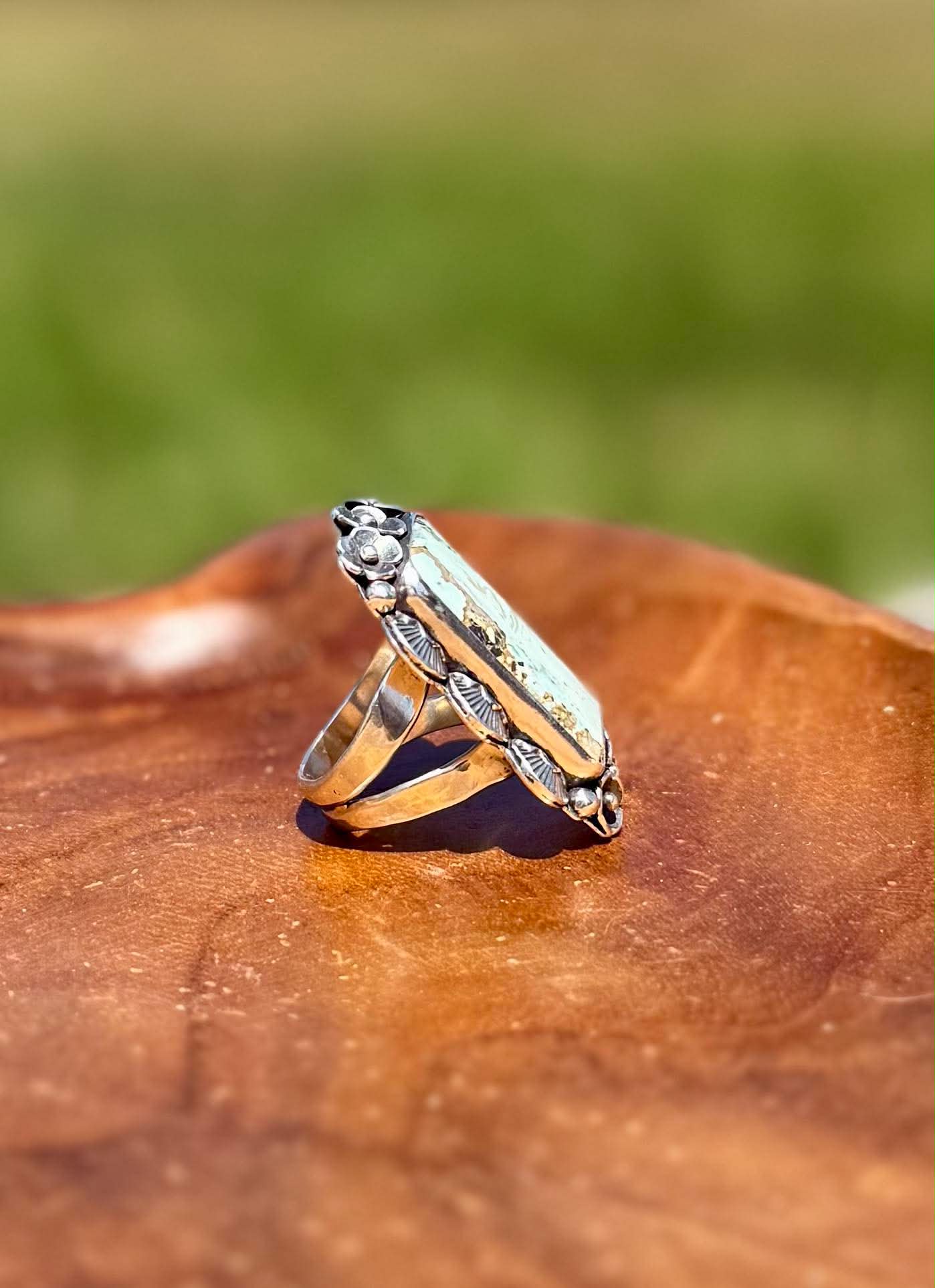 Handmade sterling silver Dry Creek Turquoise statement ring with rectangular natural turquoise stone side view