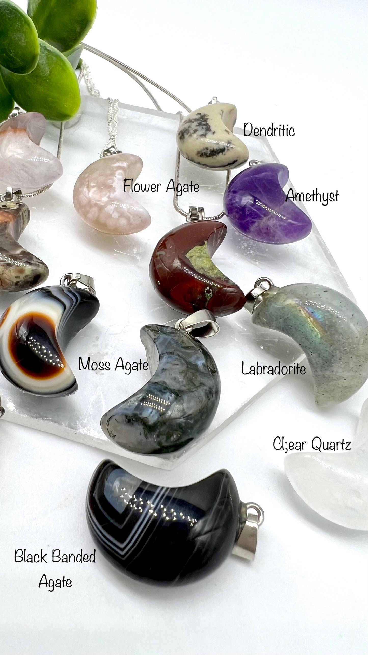 Crystal Moon Necklace - Clear Quartz, Howlite, Labradorite, Dendritic, Amethyst, Money Agate, Dragon Blood, dendritic Agate, Flower Agate, Carnelian with Quartz, Black Banded agate, Moss Agate