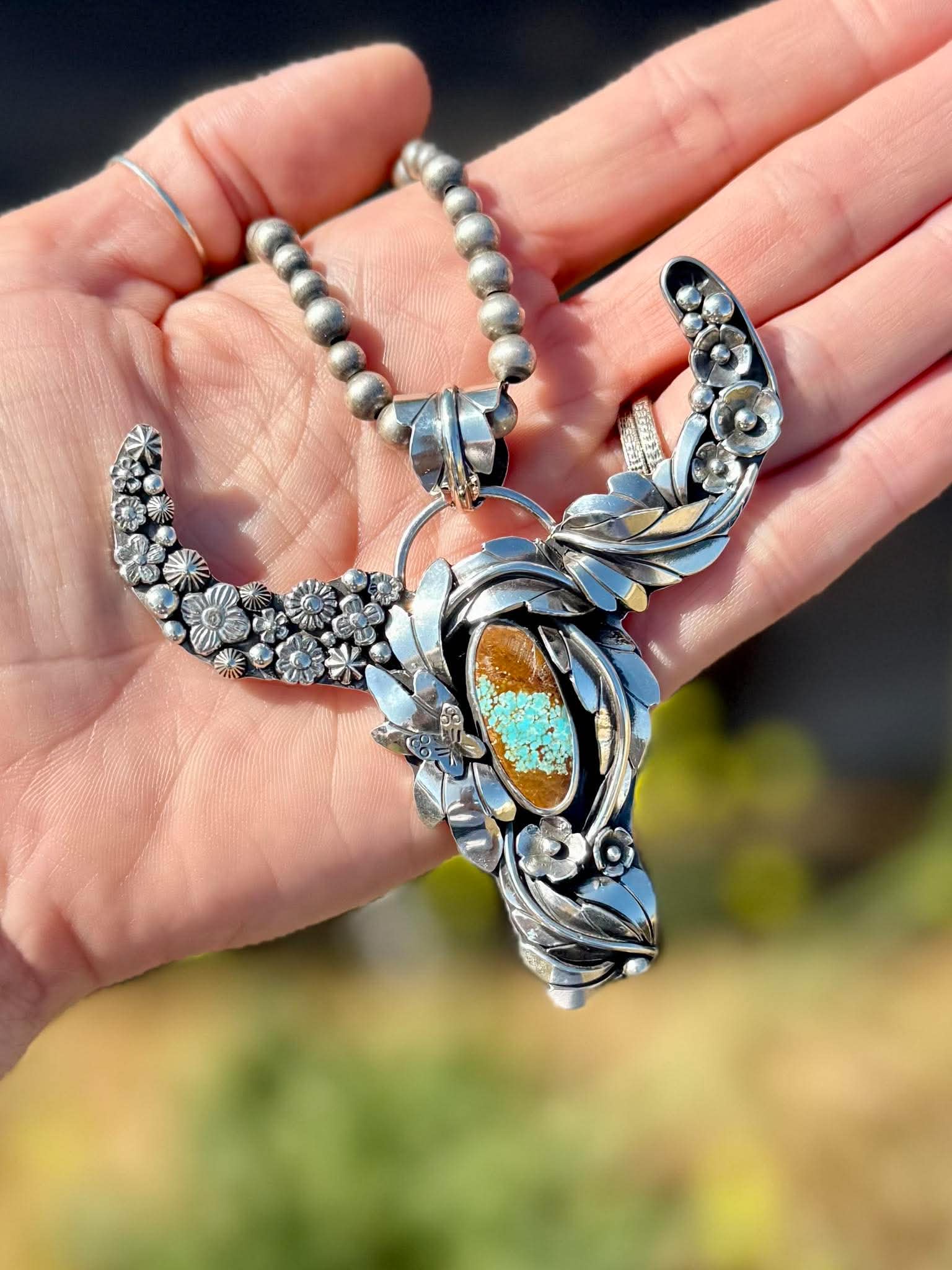 Handmade sterling silver longhorn pendant with Mine 8 turquoise floral western statement jewelry