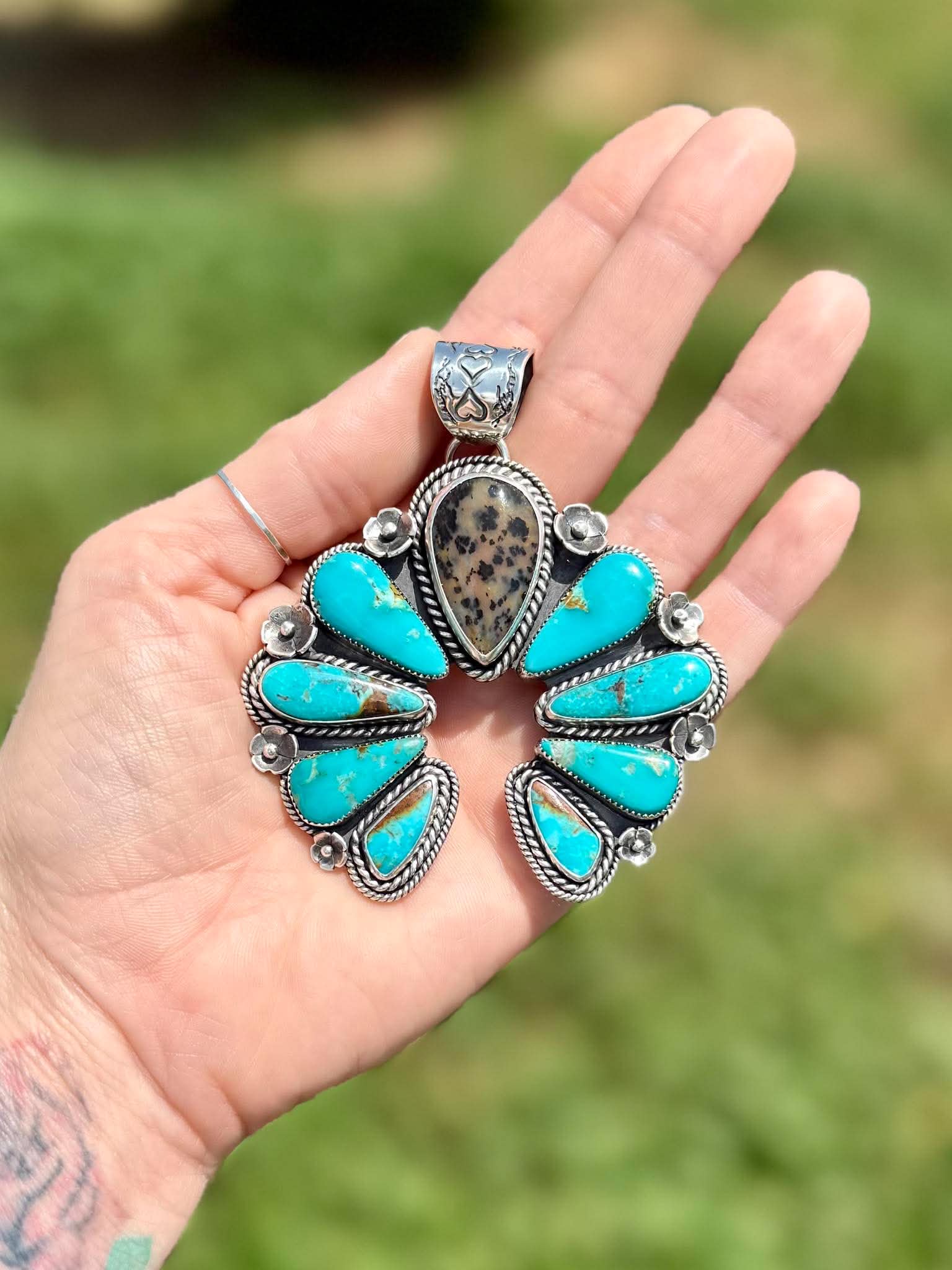 Handmade sterling silver Naja pendant with Royston turquoise and Brazilian cheetah agate statement pendant