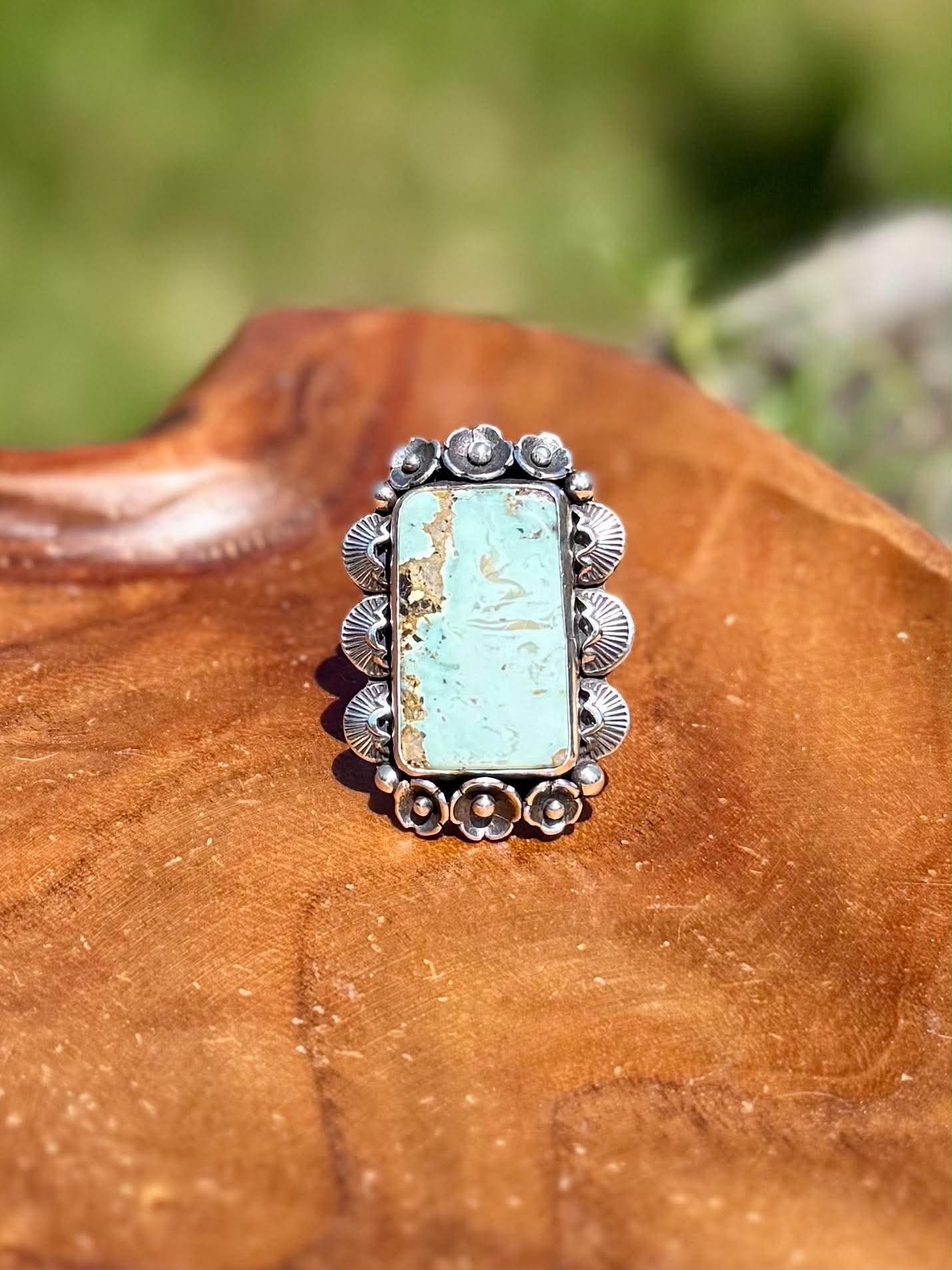 Handmade sterling silver Dry Creek Turquoise statement ring with rectangular natural turquoise stone