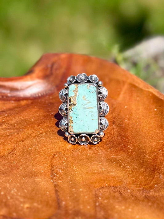 Handmade sterling silver Dry Creek Turquoise statement ring with rectangular natural turquoise stone