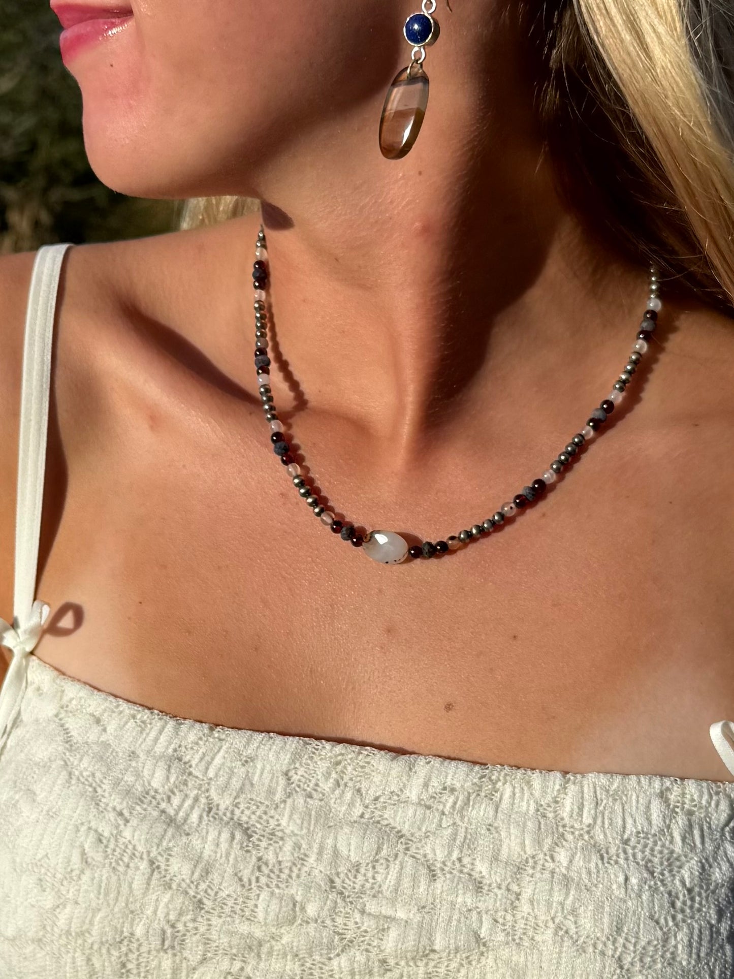 Montana agate garnet sapphire and sterling silver pearl beaded necklace handmade by Donnalee Shewmake